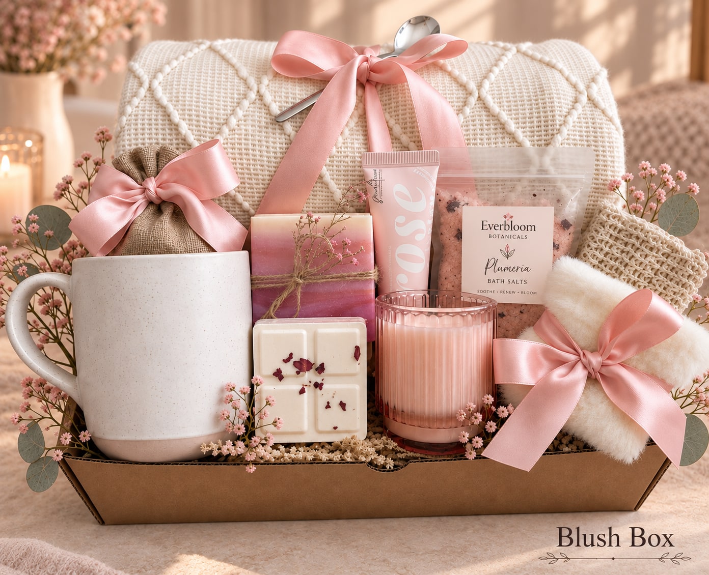 Blush Box with a pink ribbon, spa treats, candle, mug and cozy blanket
