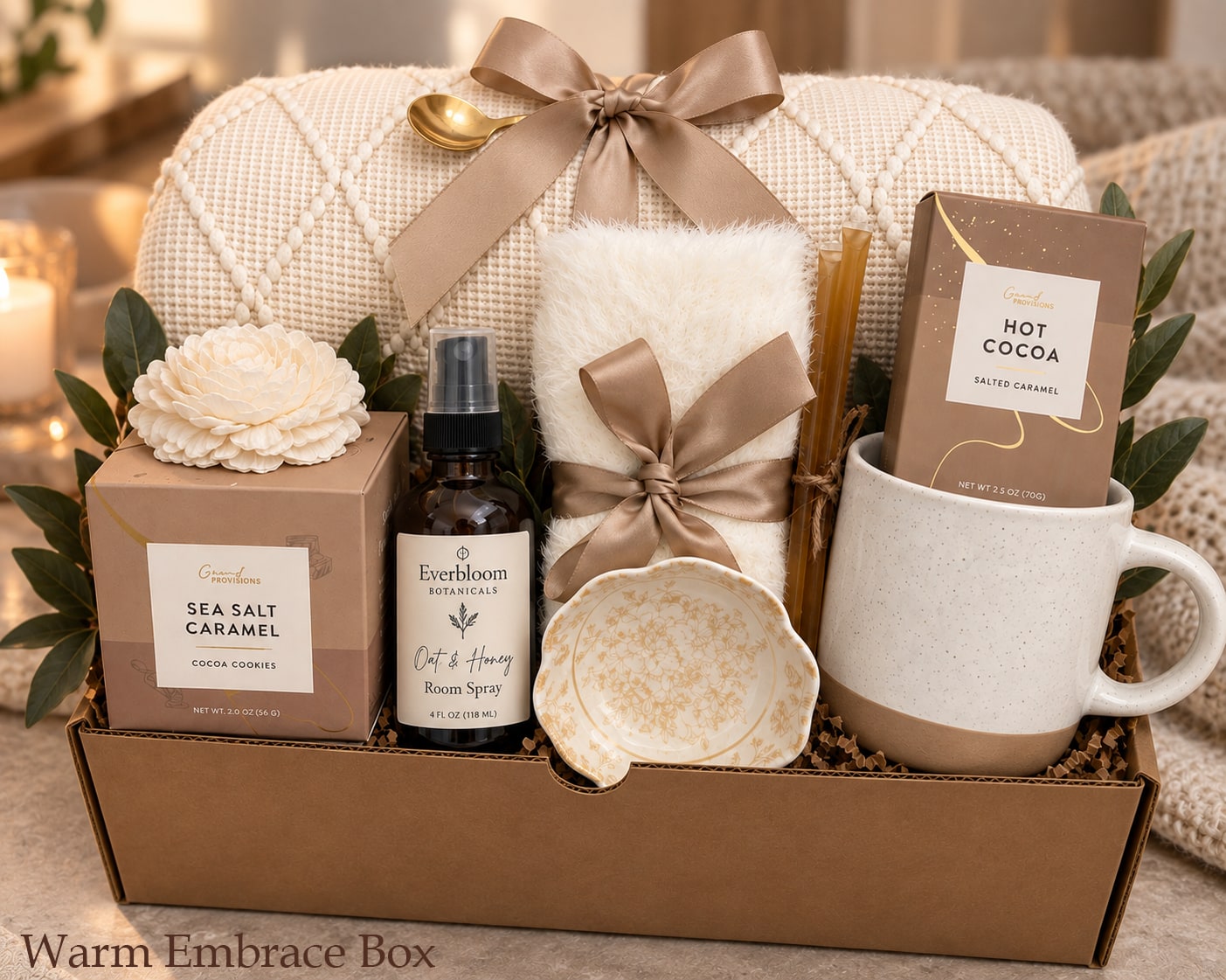 Warm Embrace Cocoa gift box with a cozy blanket, cocoa and keepsakes