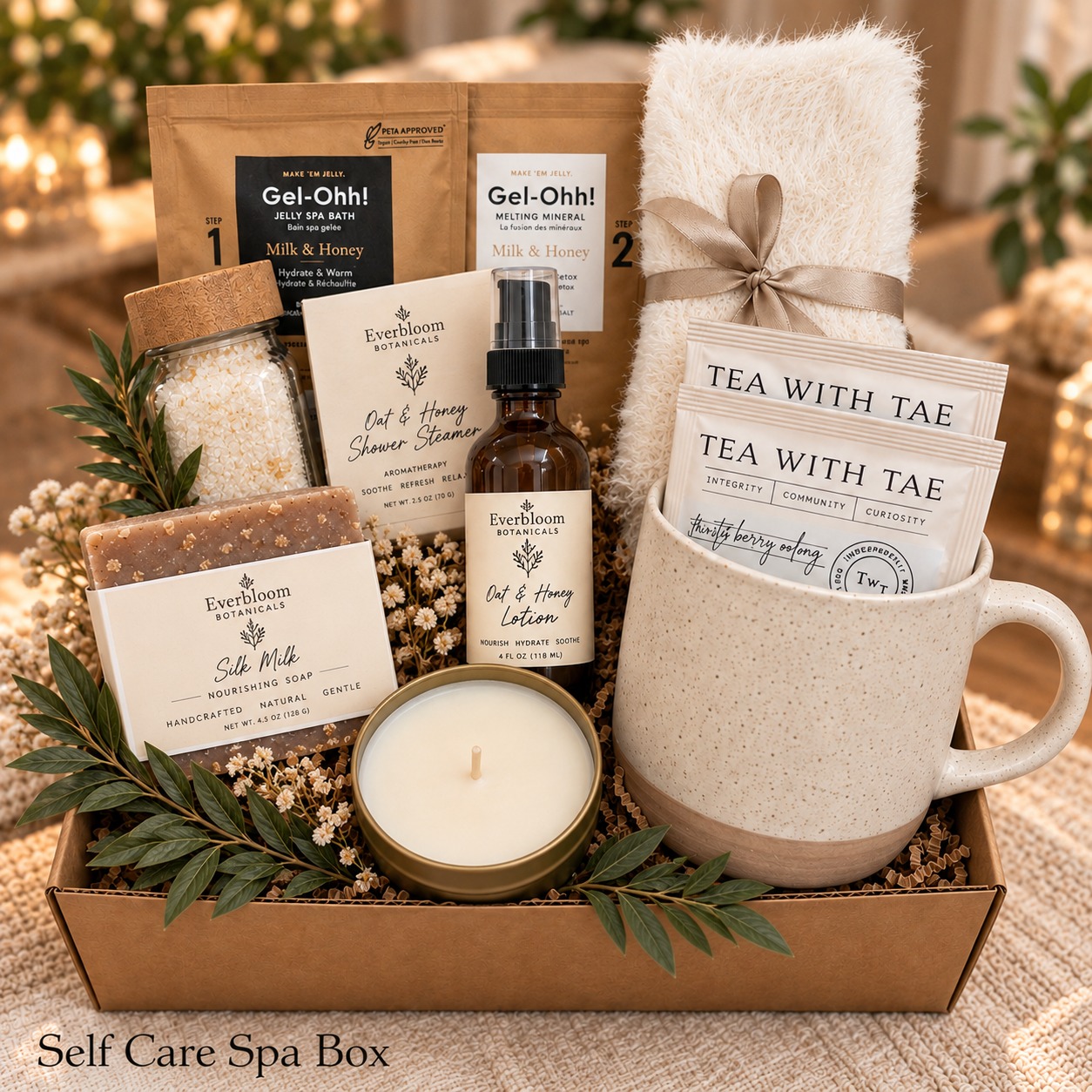 Self Care Spa Box with oat and honey spa treats, tea, a candle and a cream mug