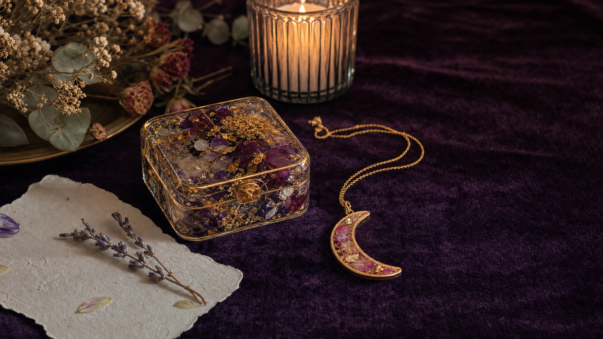 Handmade resin keepsake box and crescent moon pendant on midnight-plum velvet