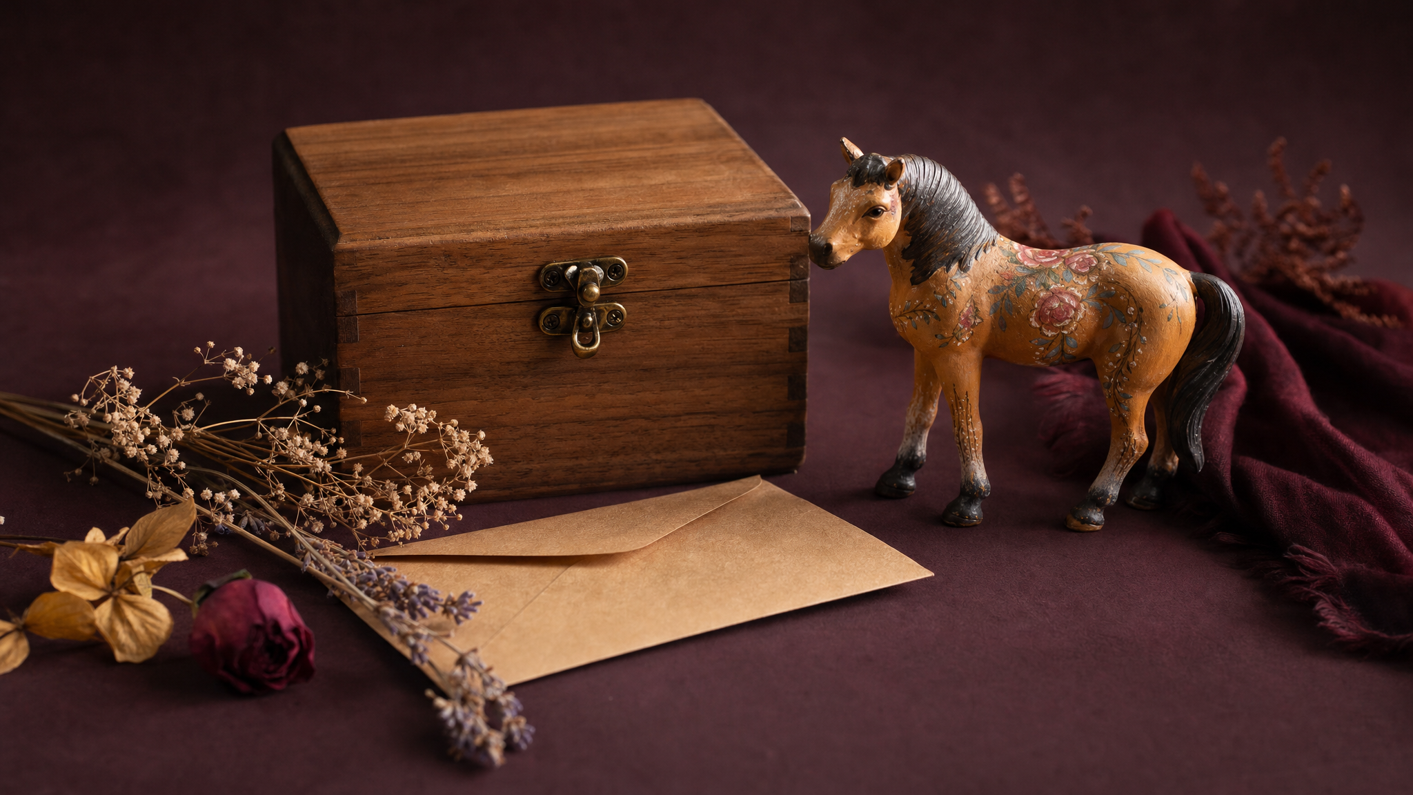 Handmade wooden keepsake box and hand-painted horse figurine arranged as thoughtful gifts