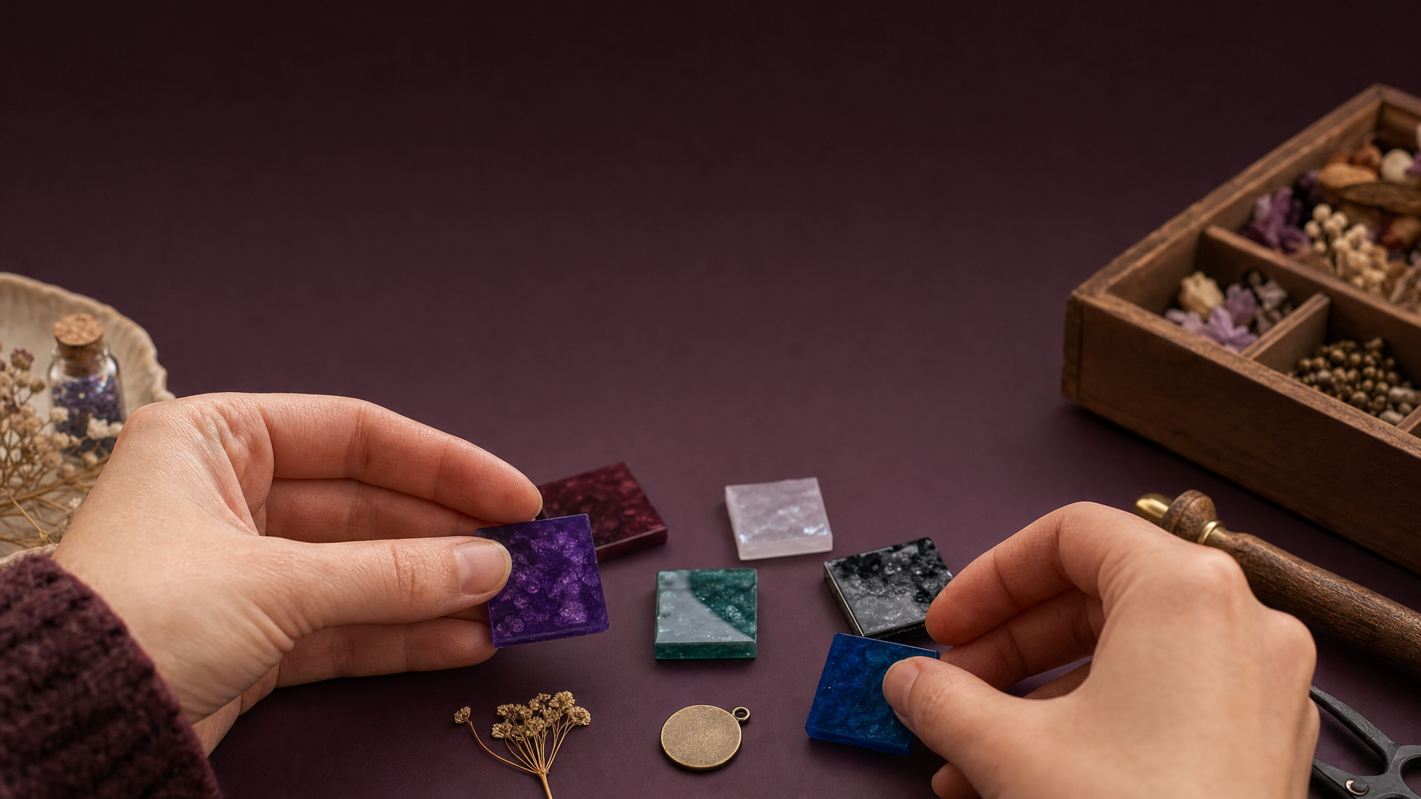 Hands choosing colorful resin samples and a charm at a maker's worktable