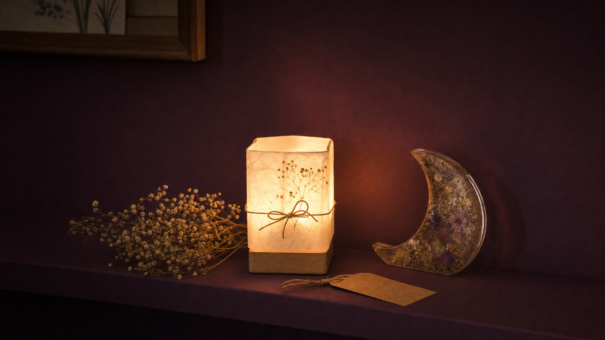 Glowing handmade nightlight and resin moon ornament on a dark plum shelf