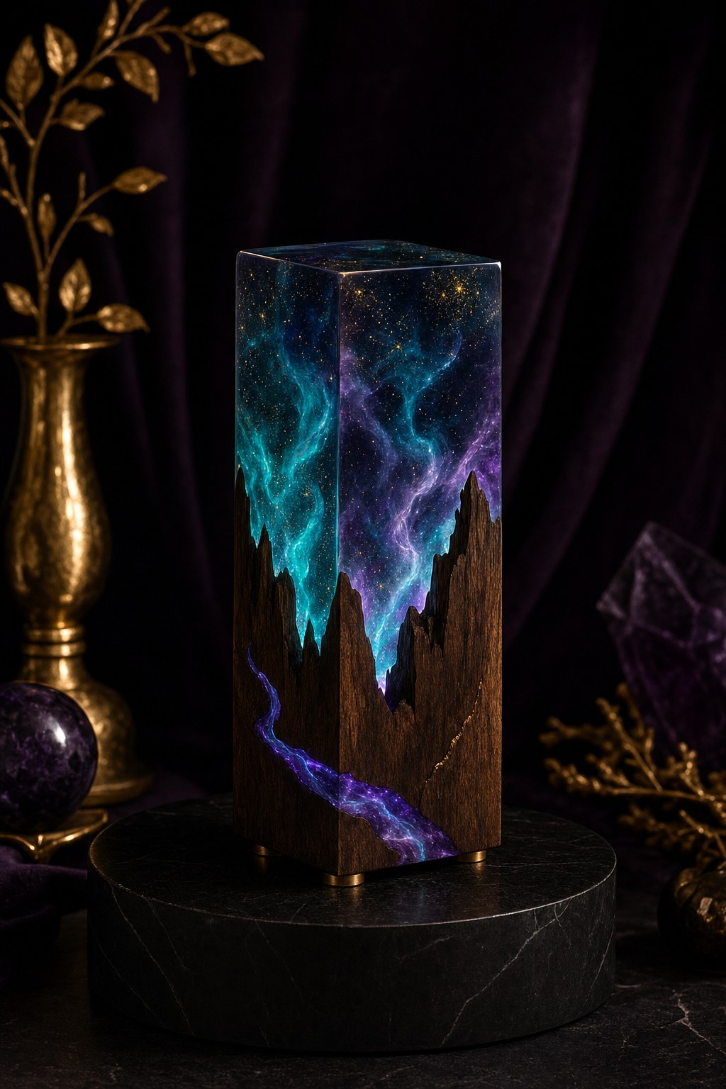 Handmade galaxy resin and walnut nightlight