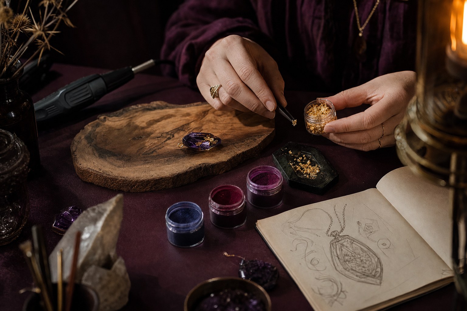 Hands arranging resin pigments and materials in a craft workshop