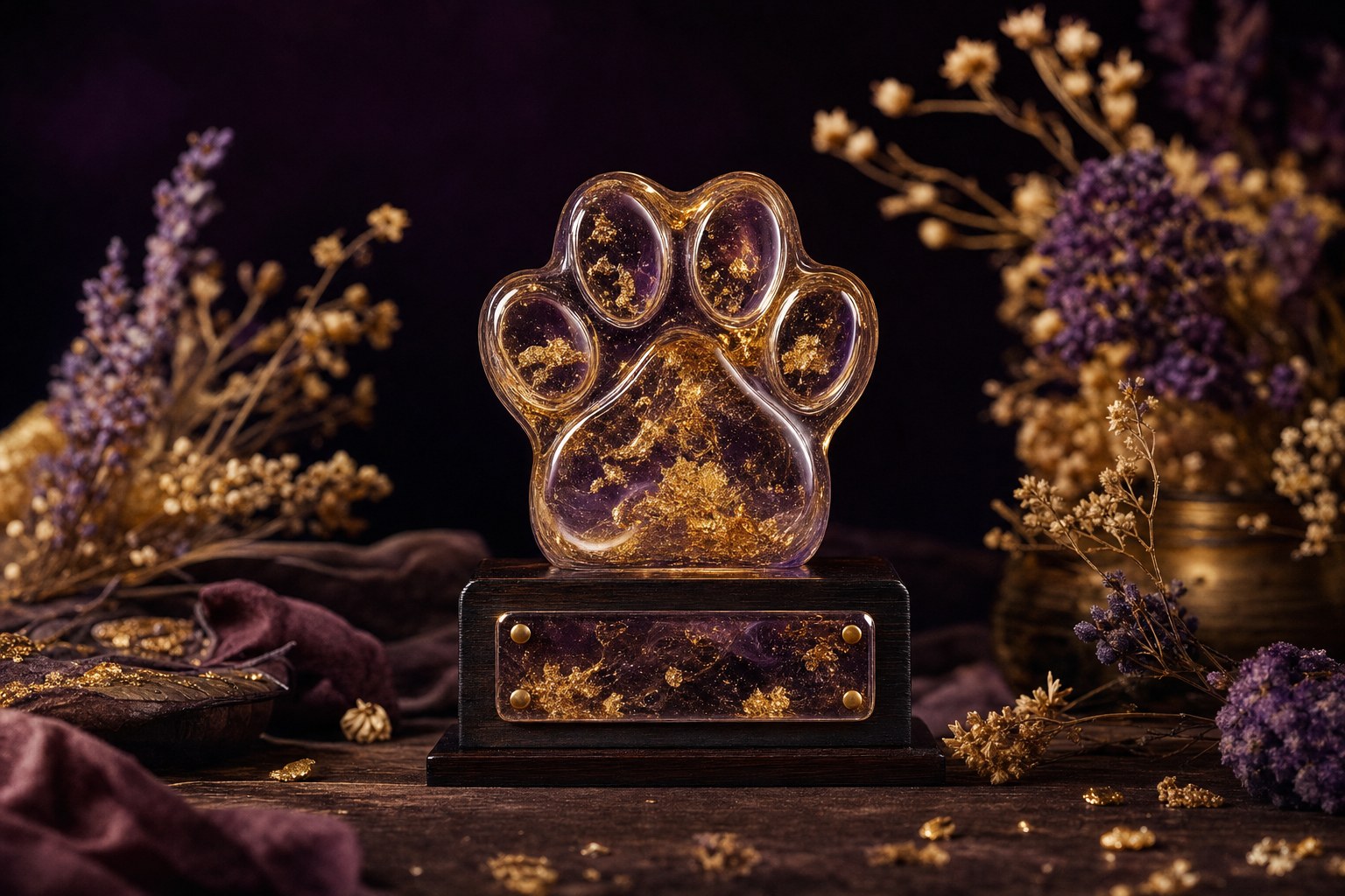 Handmade resin pet keepsake on dark wood