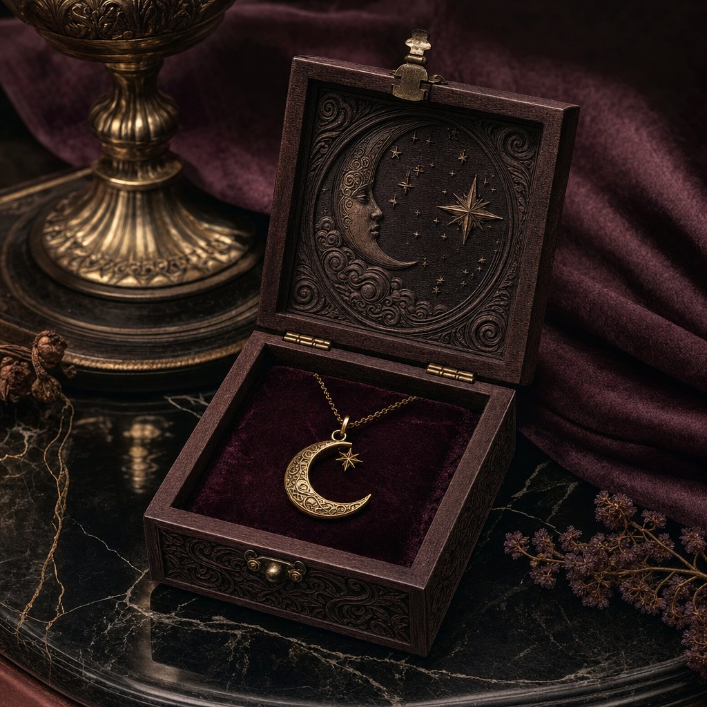 Handcrafted wooden jewelry box with moon pendant
