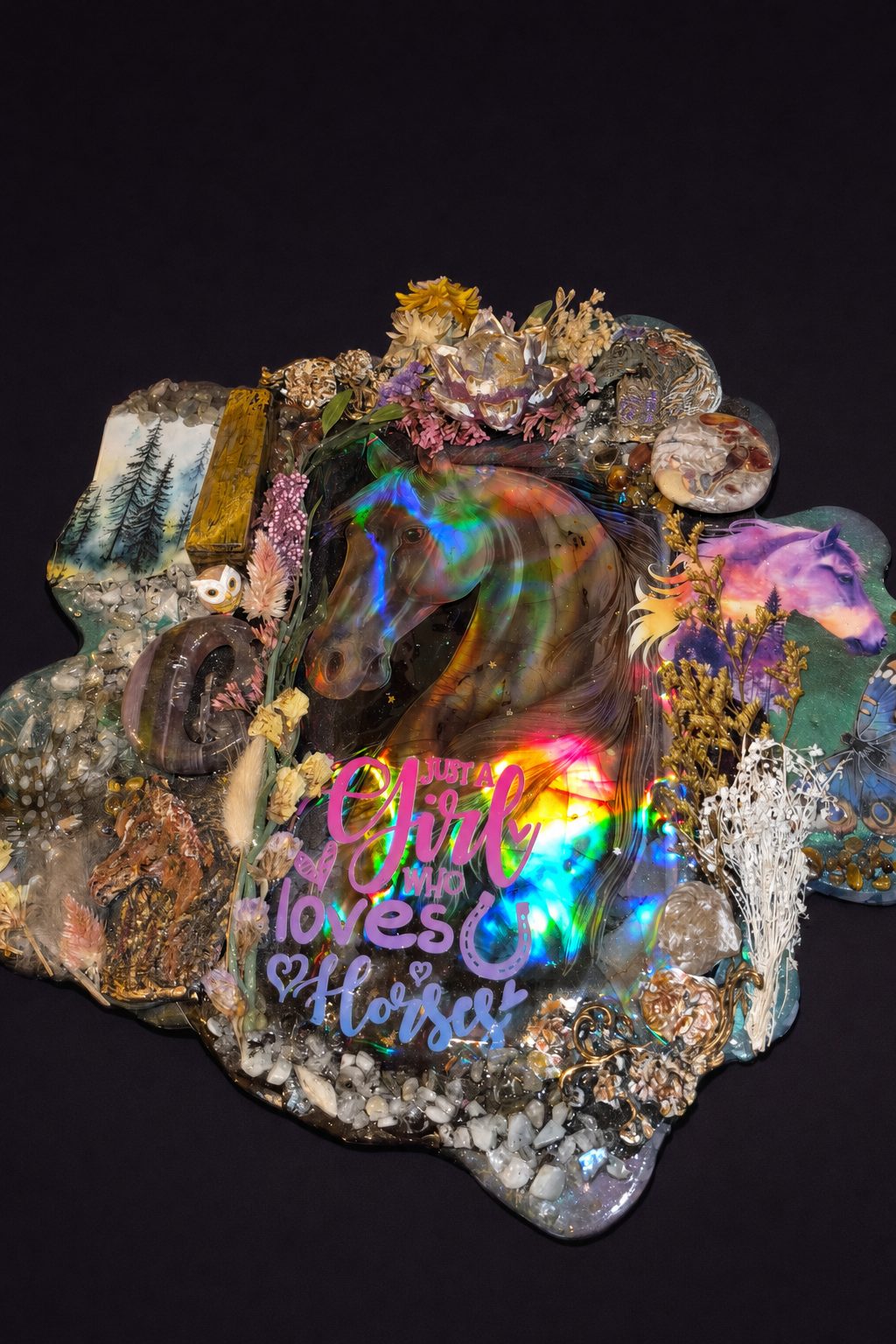 Horse still life plaque with colorful horse artwork, real dried flowers, a horseshoe, and natural crystals on a midnight plum background