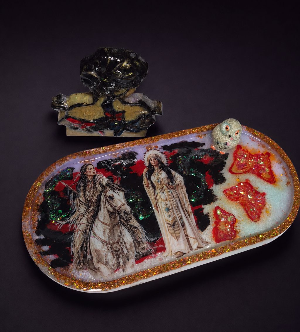 Handmade Native American princess themed tray with colorful butterflies and a separate matching princess bust