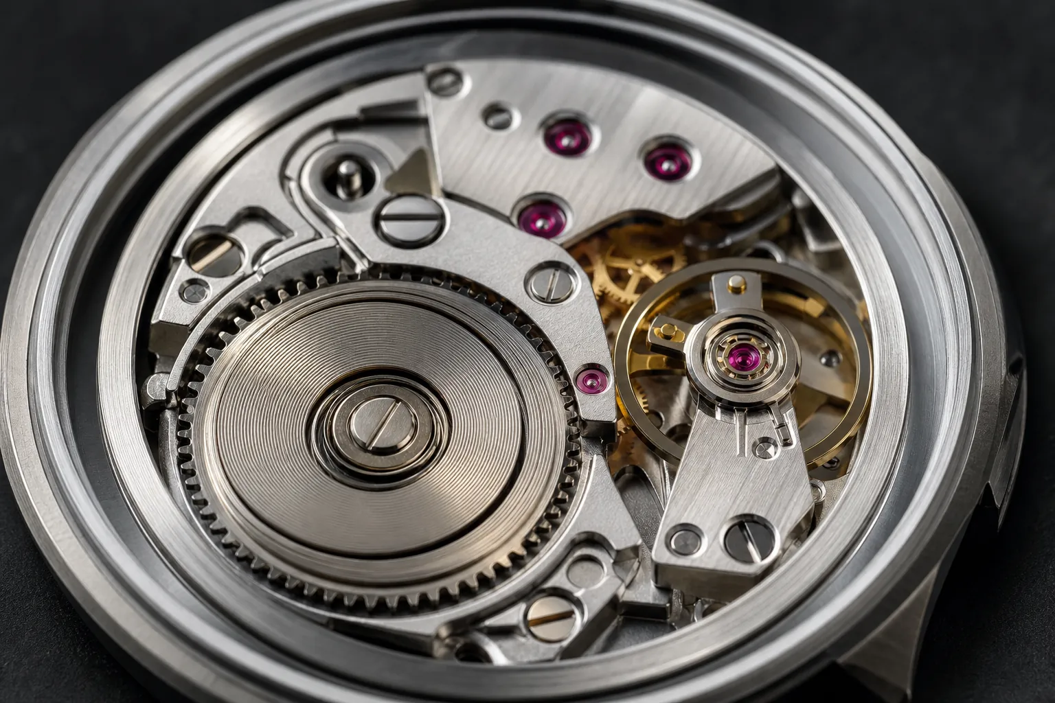 Mechanical watch movement showing a coiled mainspring barrel and balance assembly