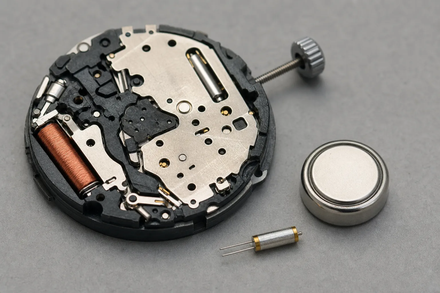 Quartz watch movement with a coin-cell battery and quartz crystal