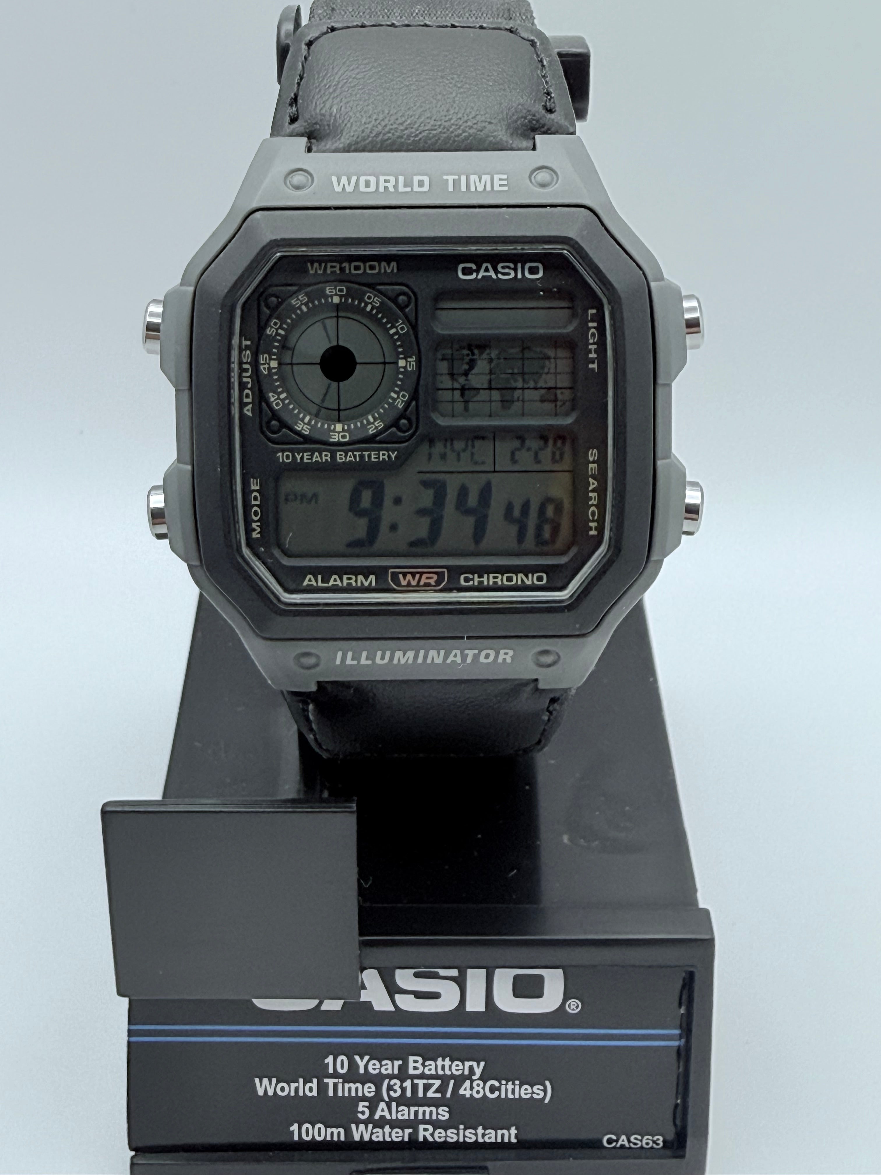 Casio AE1200 World Time watch on its presentation stand