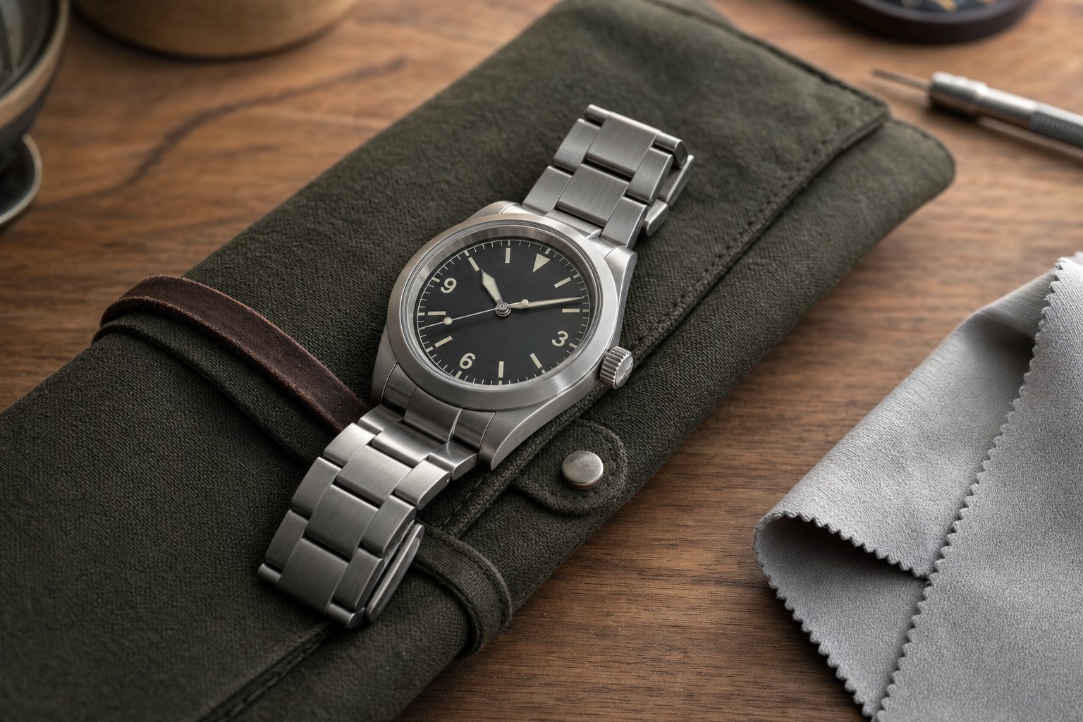 Stainless steel automatic field watch resting on an olive watch roll