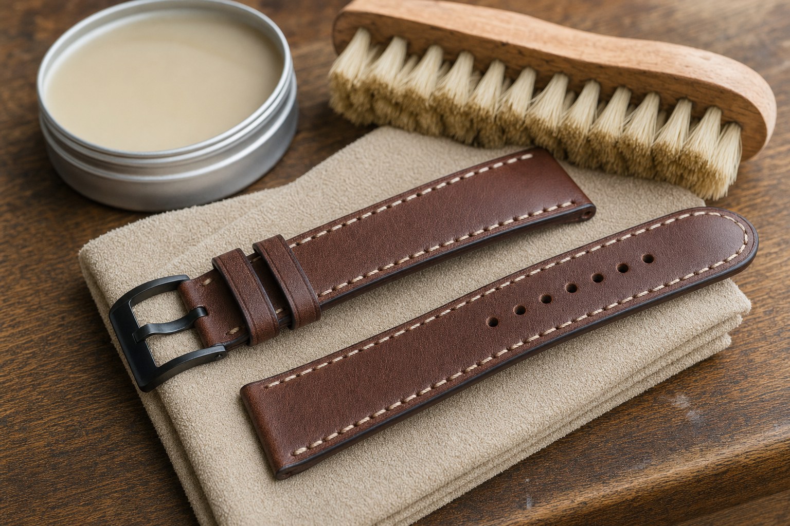 Brown leather watch strap on a soft cloth beside a dry brush and an unlabeled conditioner tin