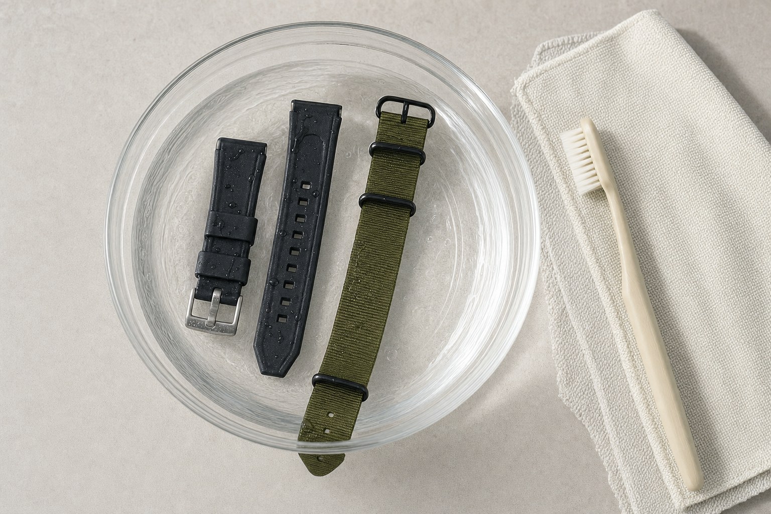 Black rubber and olive nylon watch straps in clear water beside a soft brush and microfiber cloth