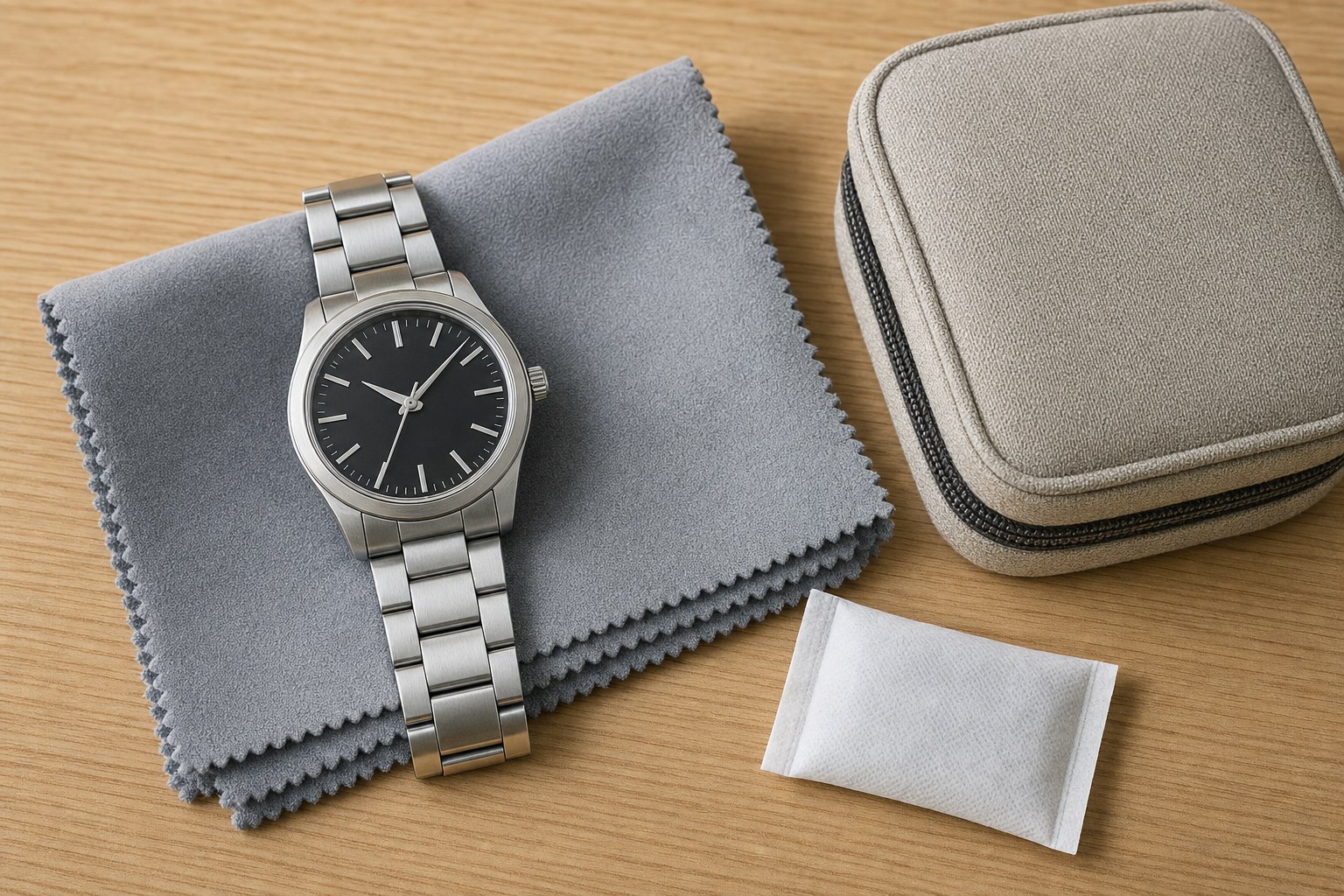 Unbranded stainless steel watch on a folded microfiber cloth beside a soft travel pouch and plain humidity-control packet