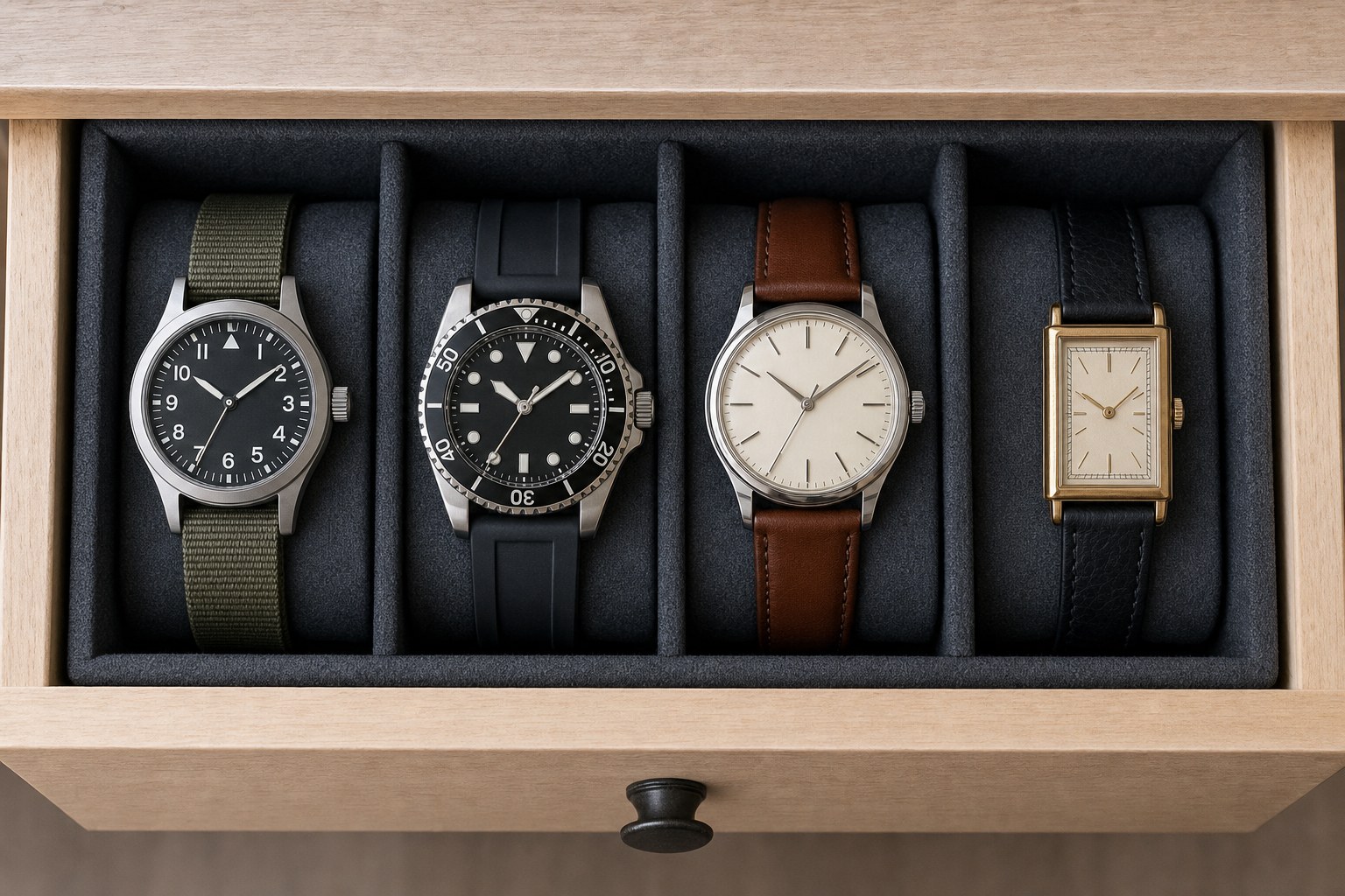 Four unbranded watches separated in soft charcoal compartments inside a wooden dresser drawer
