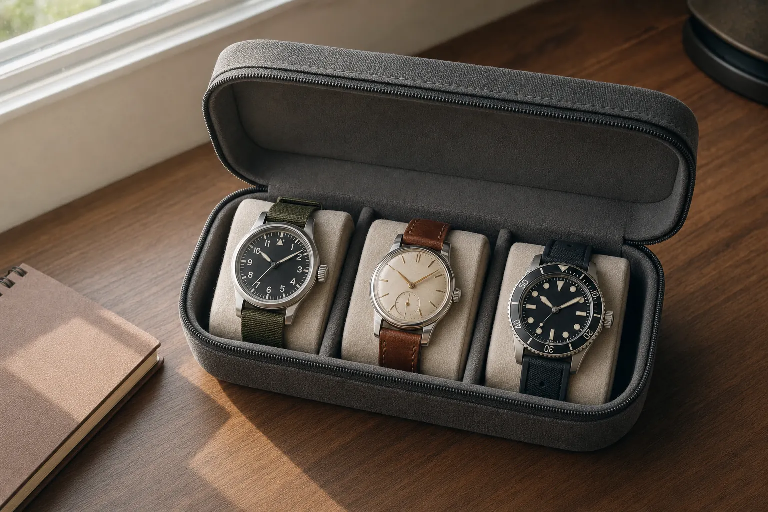 Three unbranded watches resting on soft pillows inside an open charcoal fabric watch case