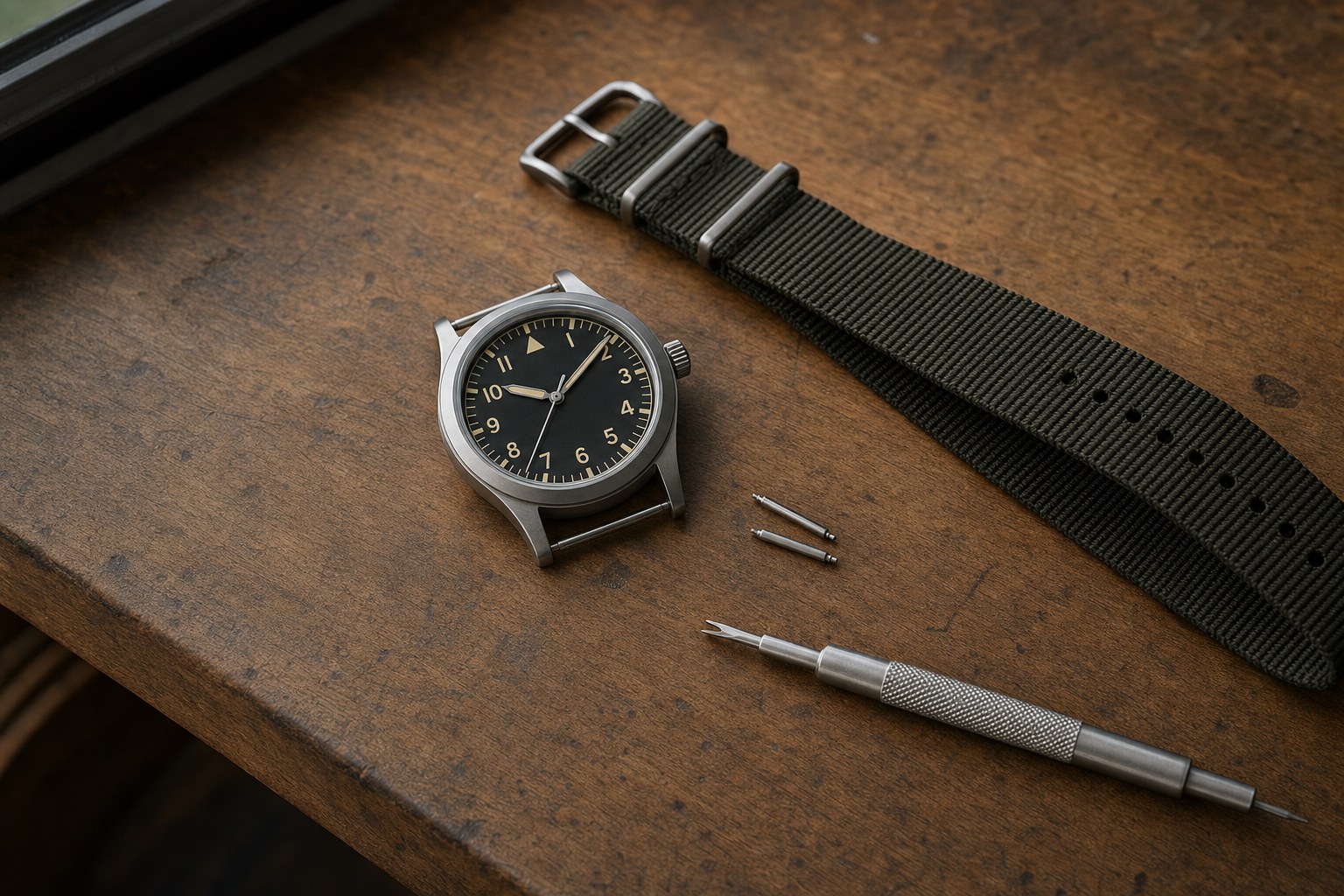 Field watch, nylon strap, spring bars, and a strap-changing tool on a wooden workbench