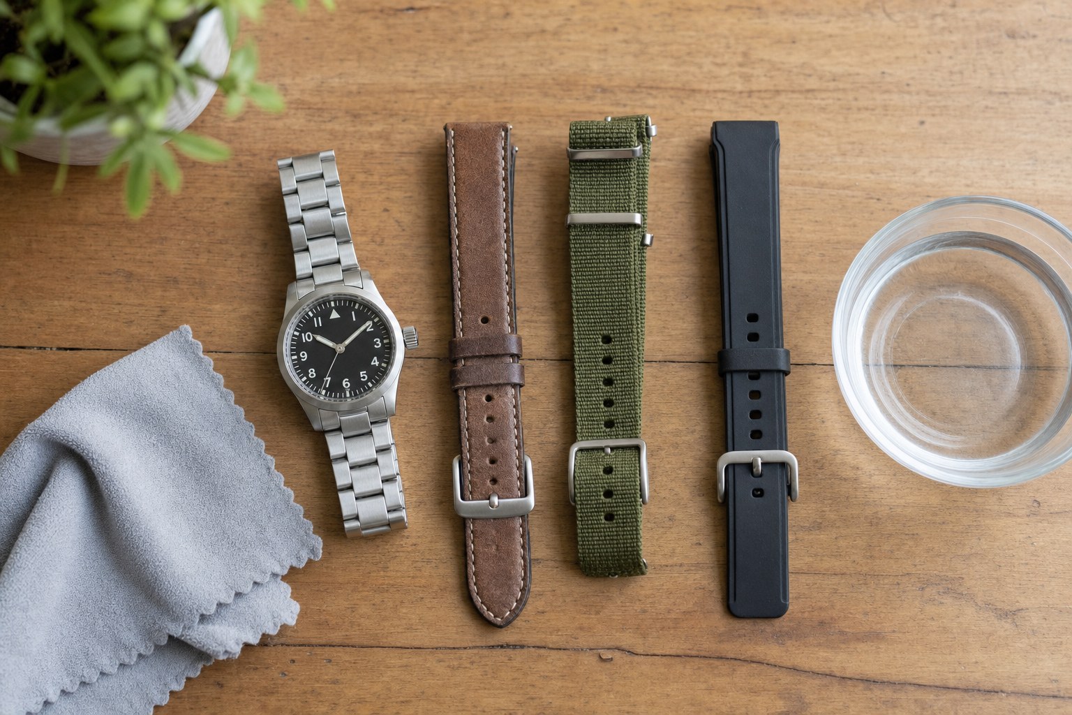 Watch, leather strap, nylon strap, rubber strap, cloth, and water bowl prepared for careful cleaning