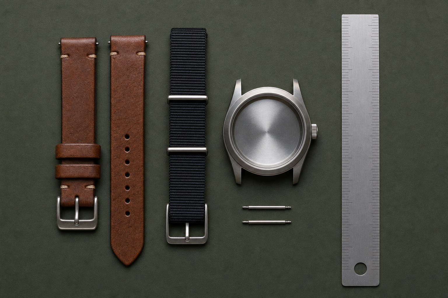 Leather and nylon watch straps beside a watch case and a ruler for comparing strap fit