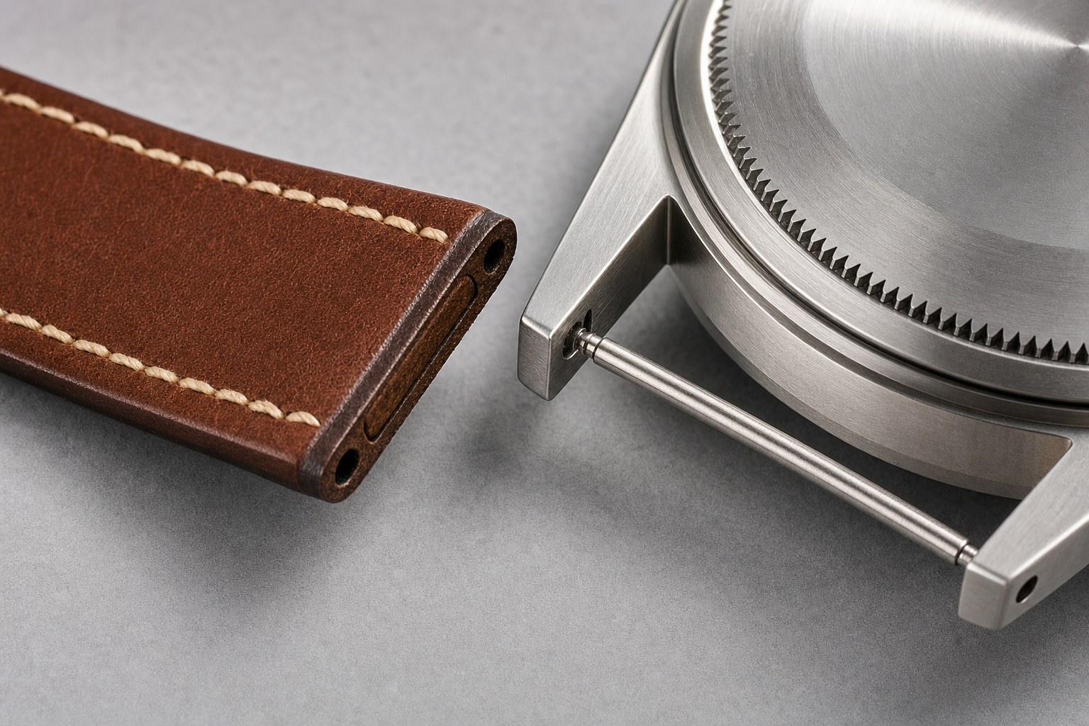 Close view of a leather watch strap beside a stainless steel watch lug and spring bar