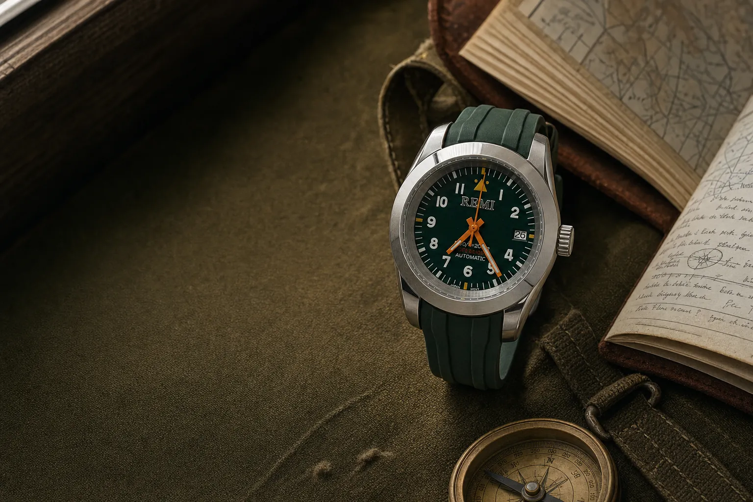REMI Trekker Field Automatic Green beside a field journal and compass