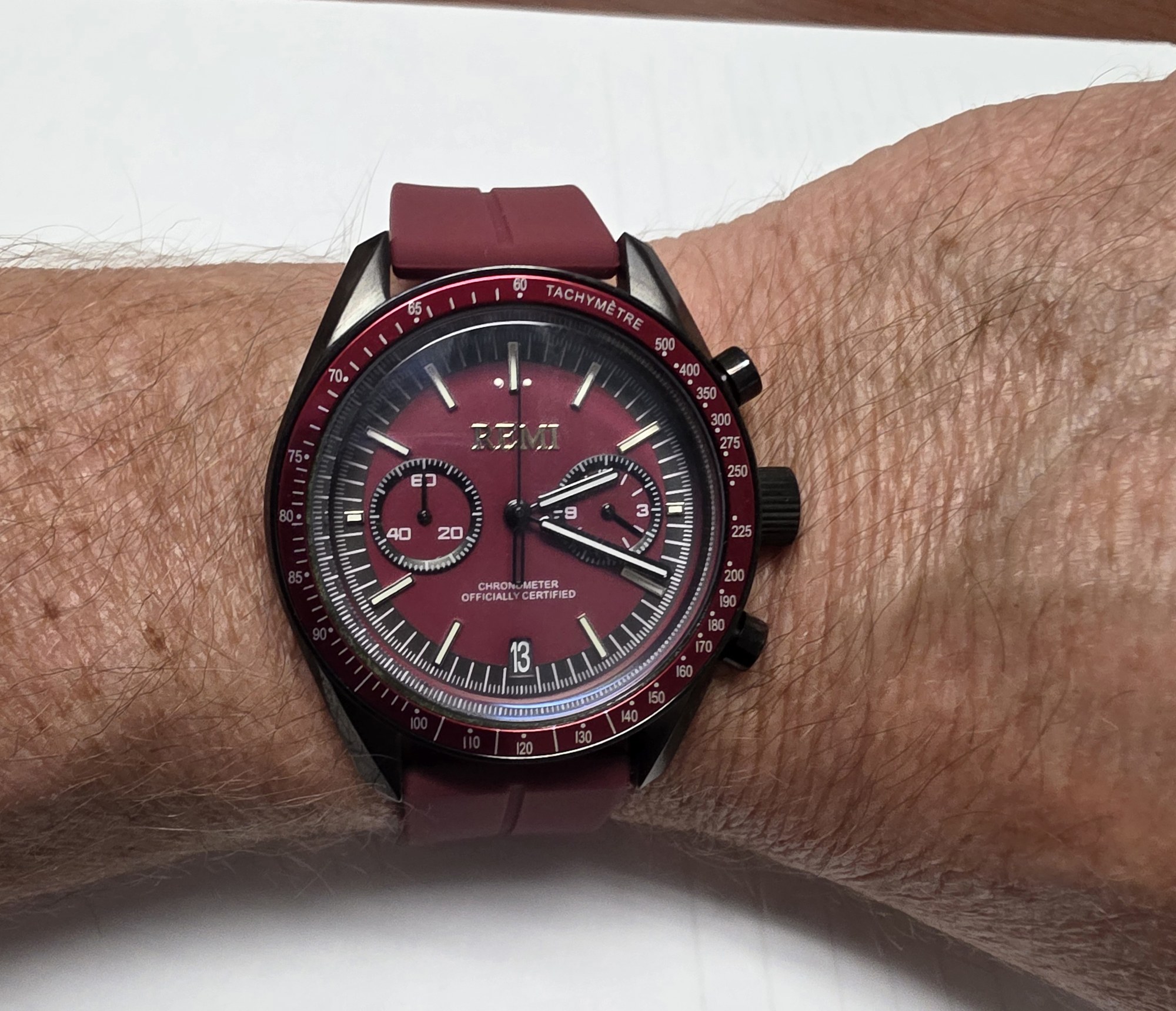 Jamey wearing the Deep Red chronograph