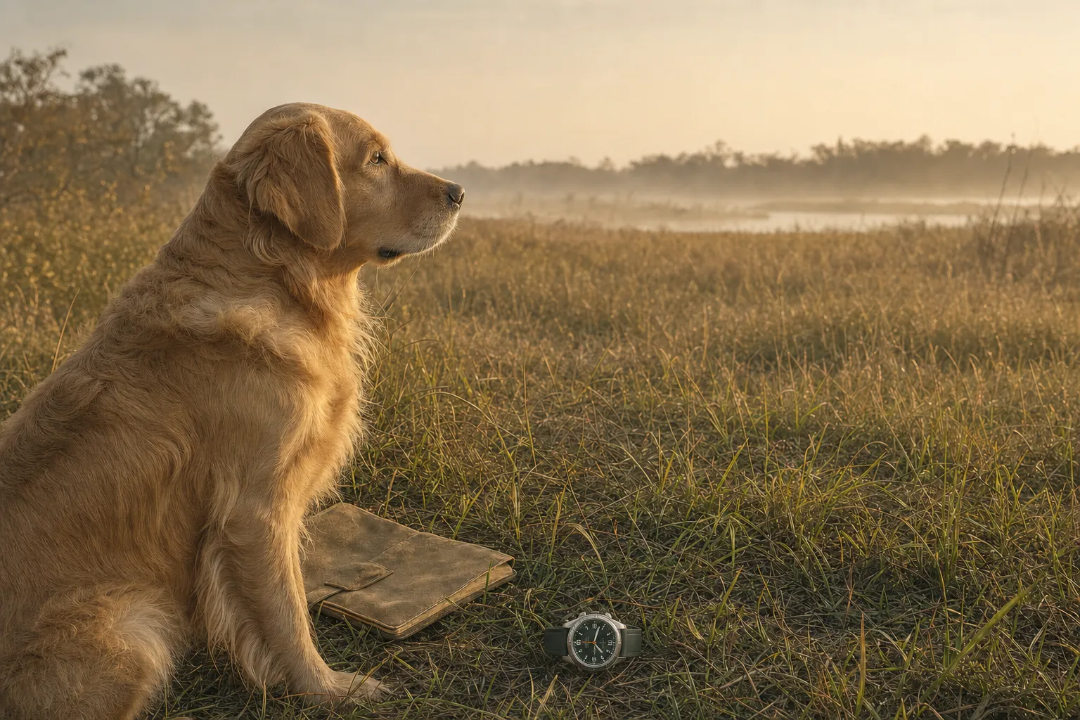 Golden retriever beside a field journal and watch at sunrise