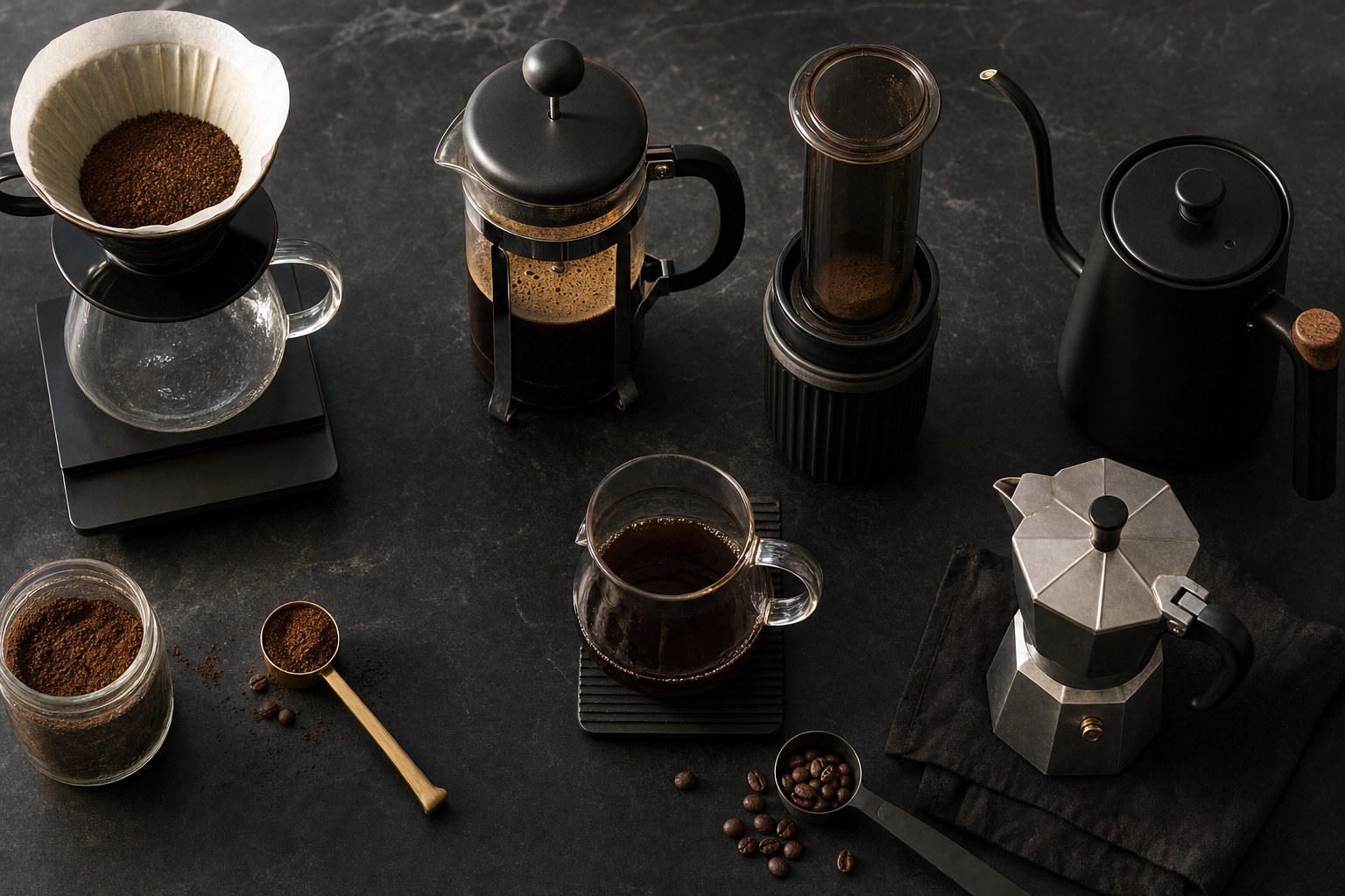 Several coffee brewing tools arranged on a dark work surface