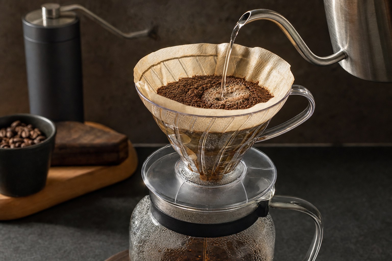 Hot water pouring over coffee grounds in a paper filter