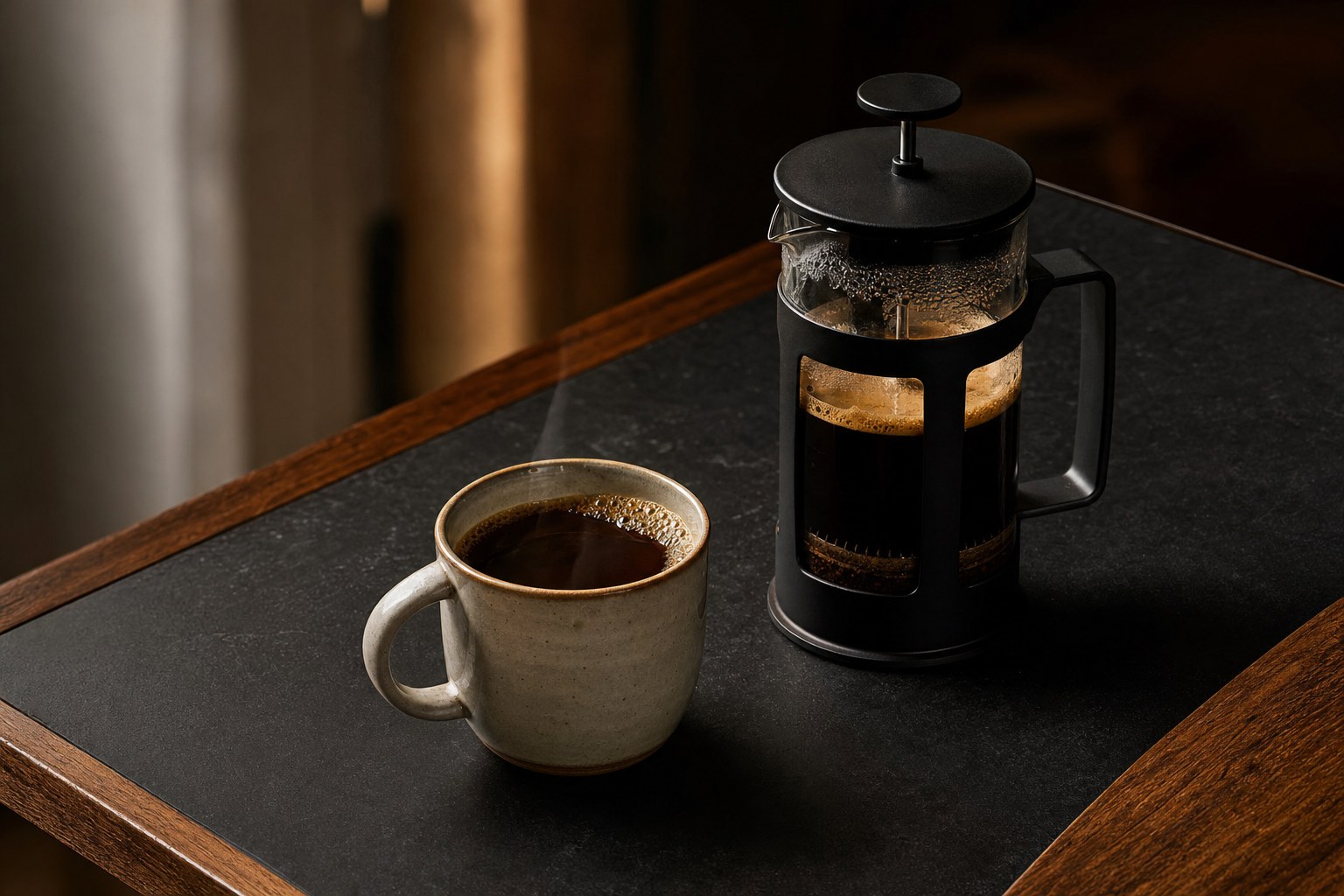 French press and a cup of brewed coffee on a dark tabletop