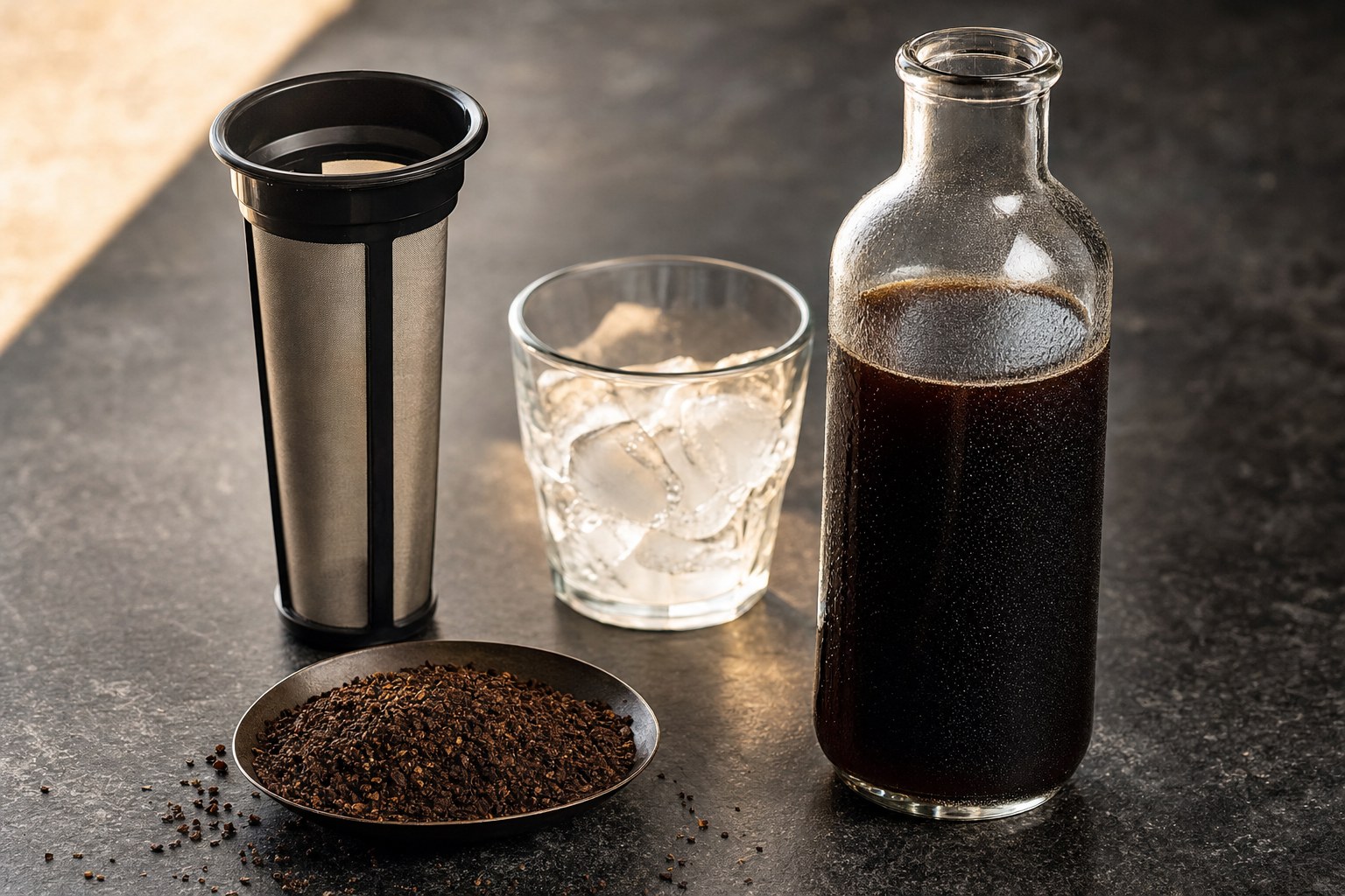 Cold brew concentrate beside ice and coarse ground coffee