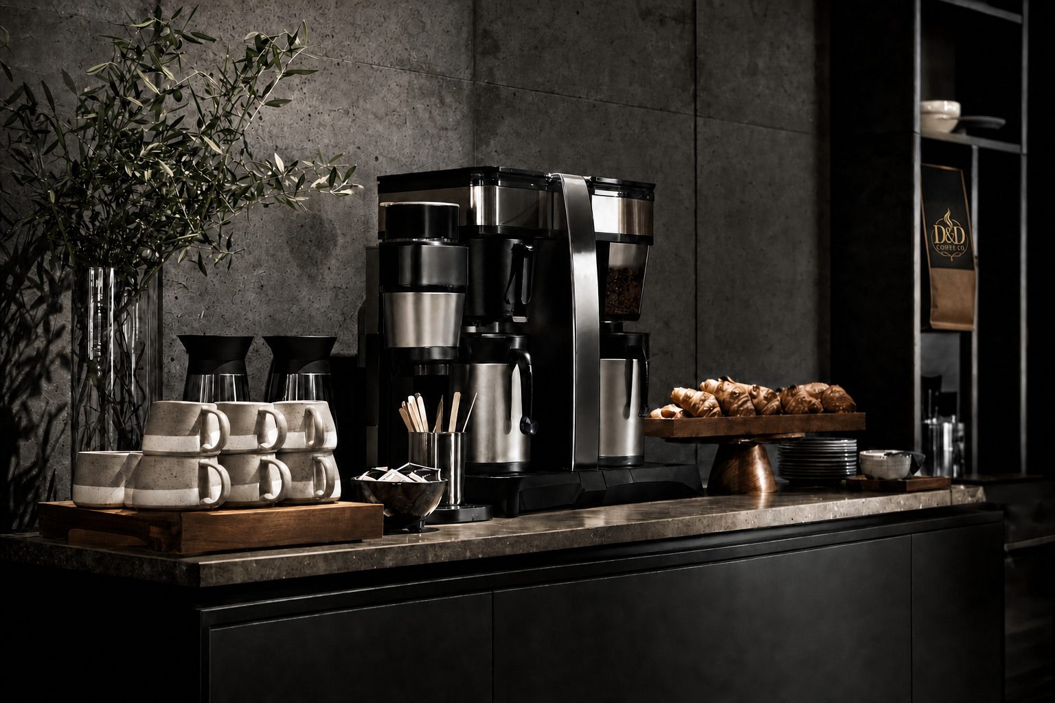Coffee service prepared for hospitality guests