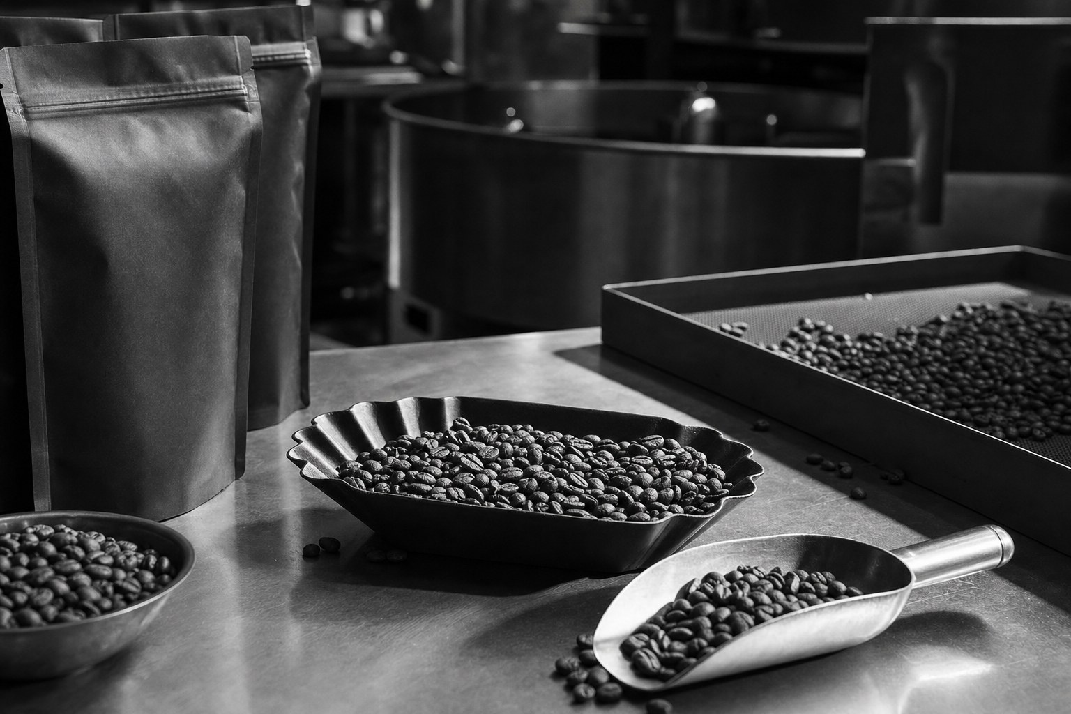 Coffee beans and quality-control tools at a roastery