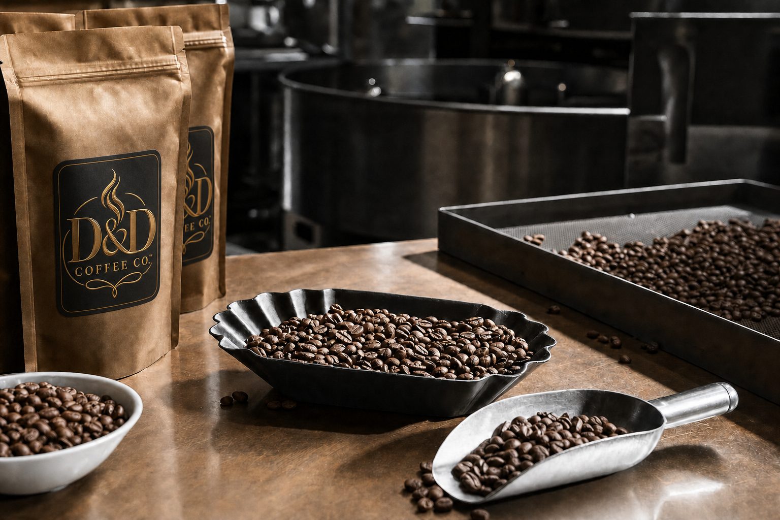 Coffee beans and quality-control tools at a roastery