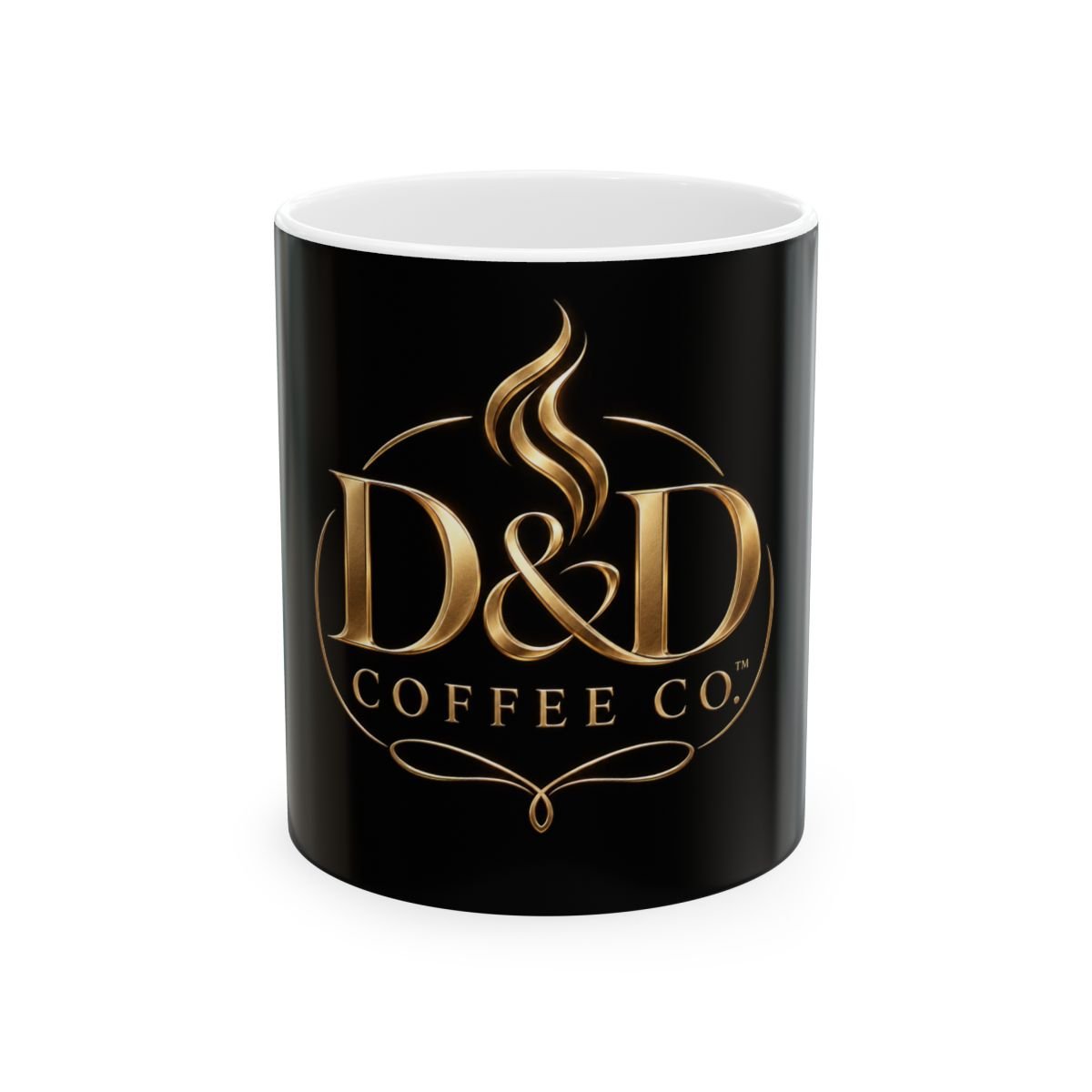 Black D & D Coffee Co. ceramic mug with metallic gold logo and white interior
