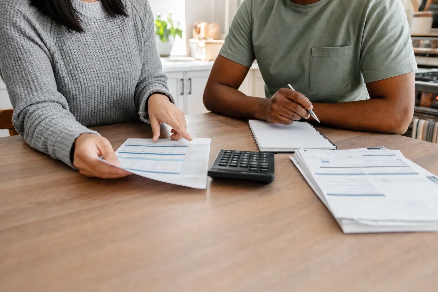Two adults comparing health coverage documents and household expenses