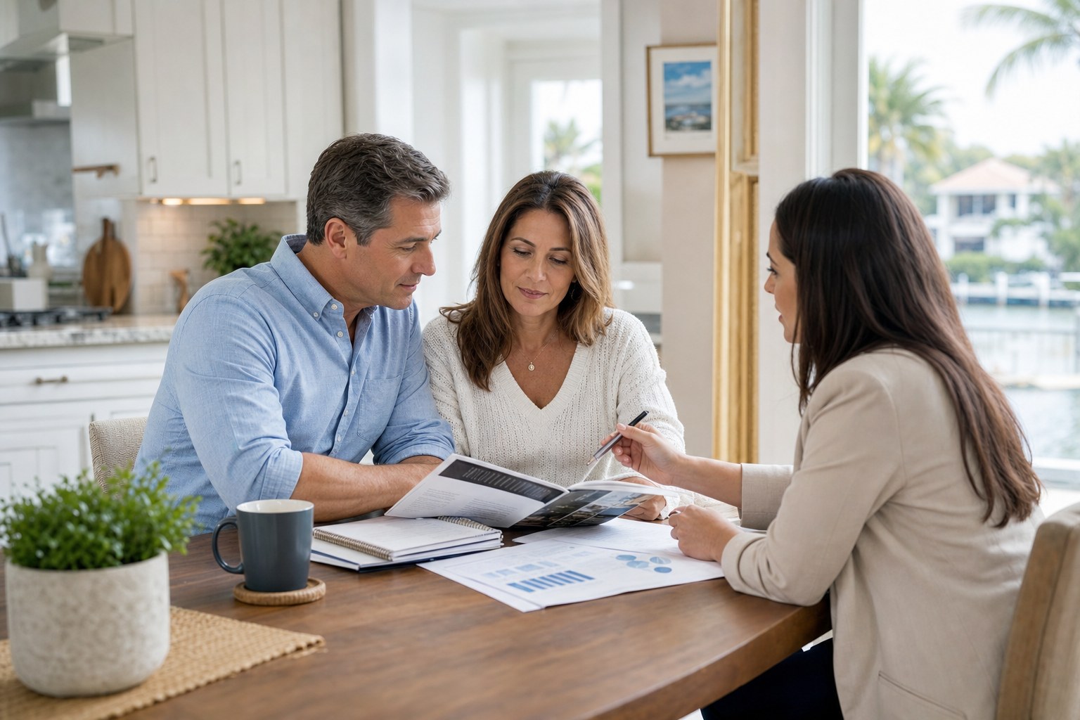 Couple reviewing health coverage materials with an advisor at their kitchen table