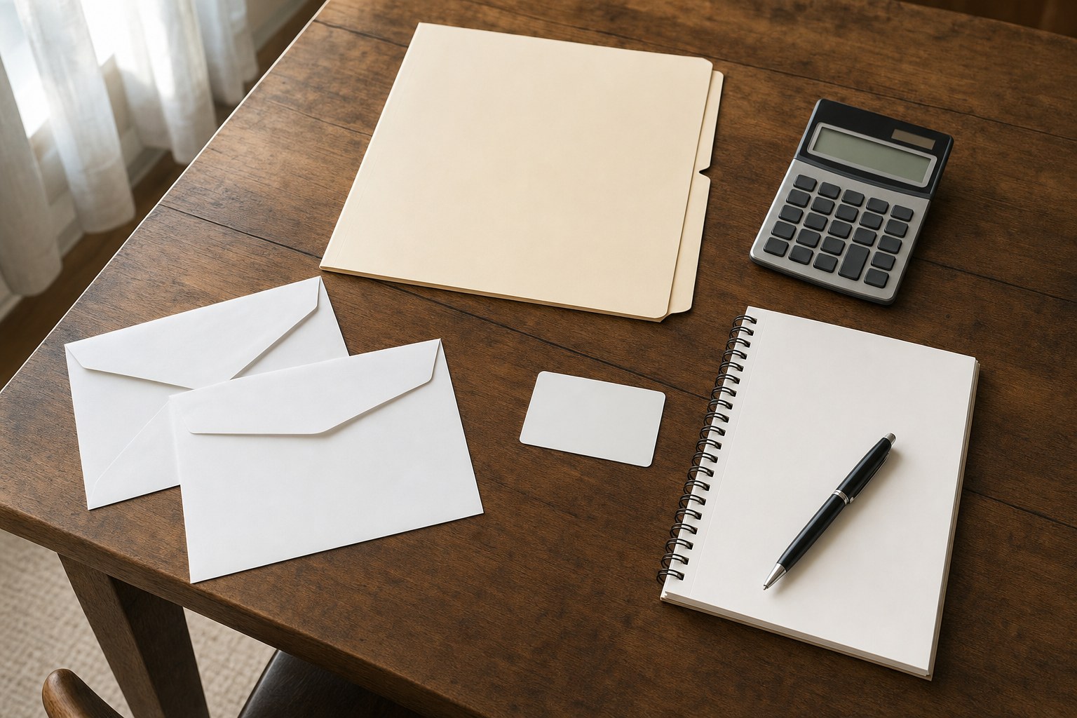 Calculator, blank folder, envelopes, and notebook arranged on a household table