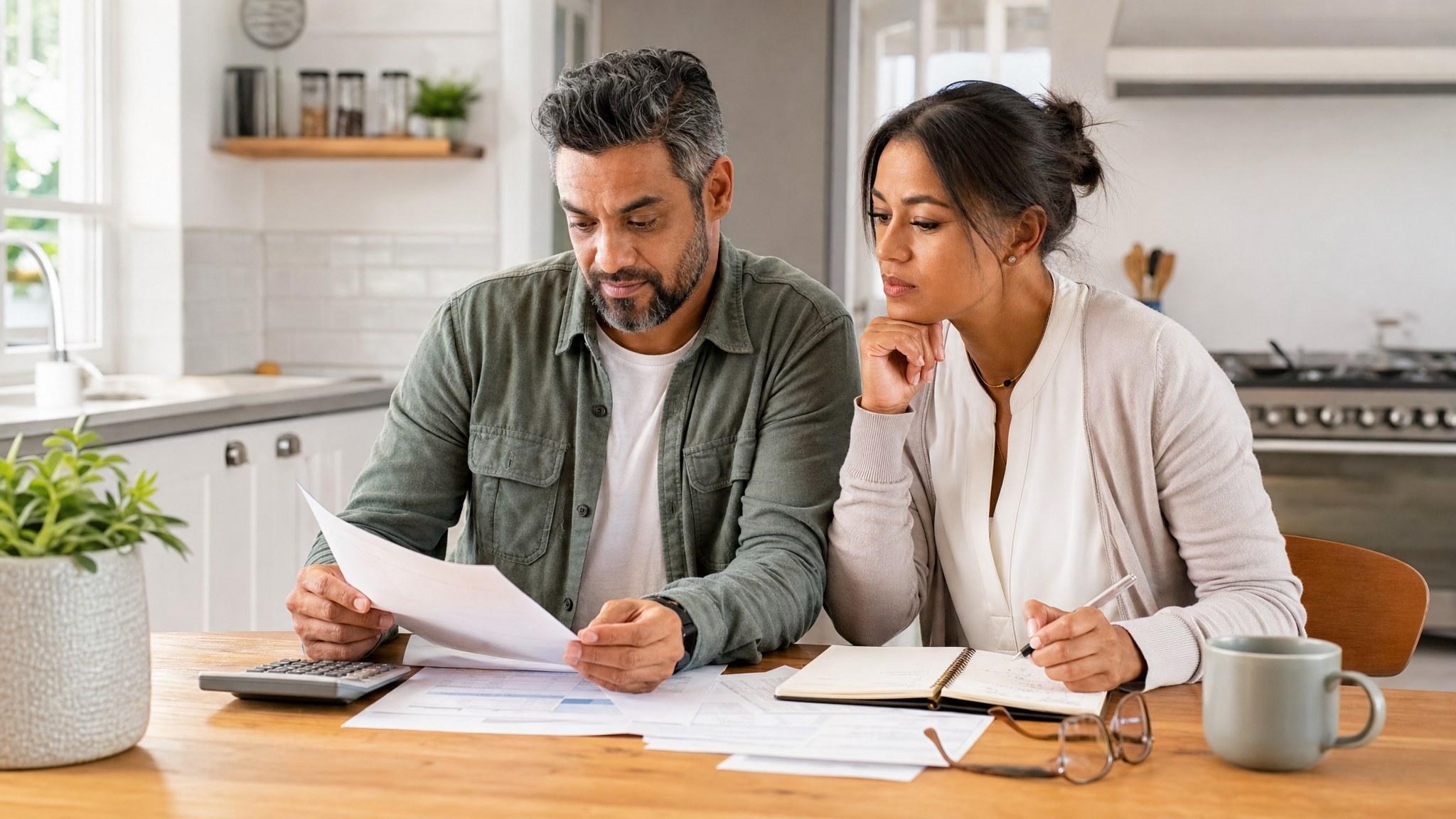 Couple reviewing household coverage documents and a budget at their kitchen table