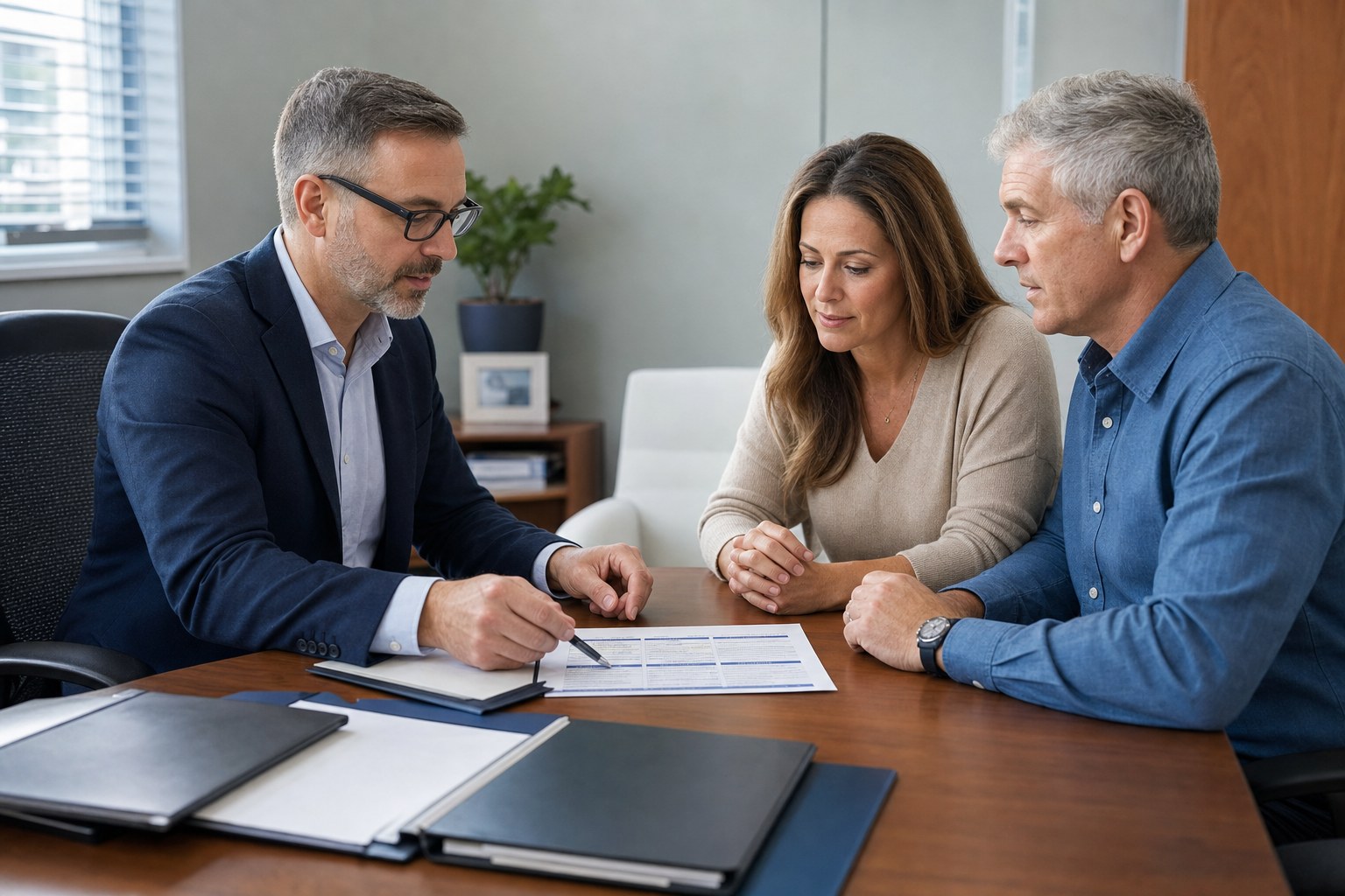 Advisor and couple reviewing insurance documents together in a professional office
