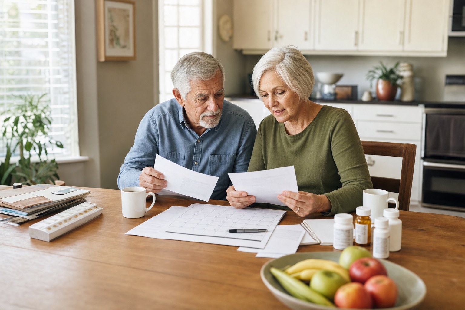 Retired couple reviewing plan documents, a medication list, and a calendar at their kitchen table