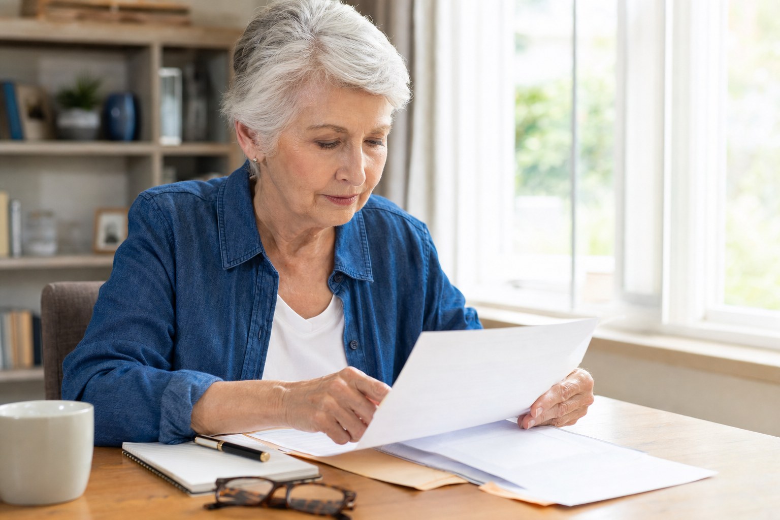 Older adult reviewing health plan papers and notes at a home desk