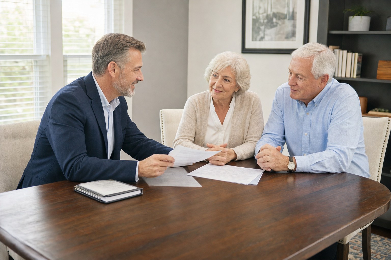 Advisor speaking with an older couple while reviewing health coverage documents at a table