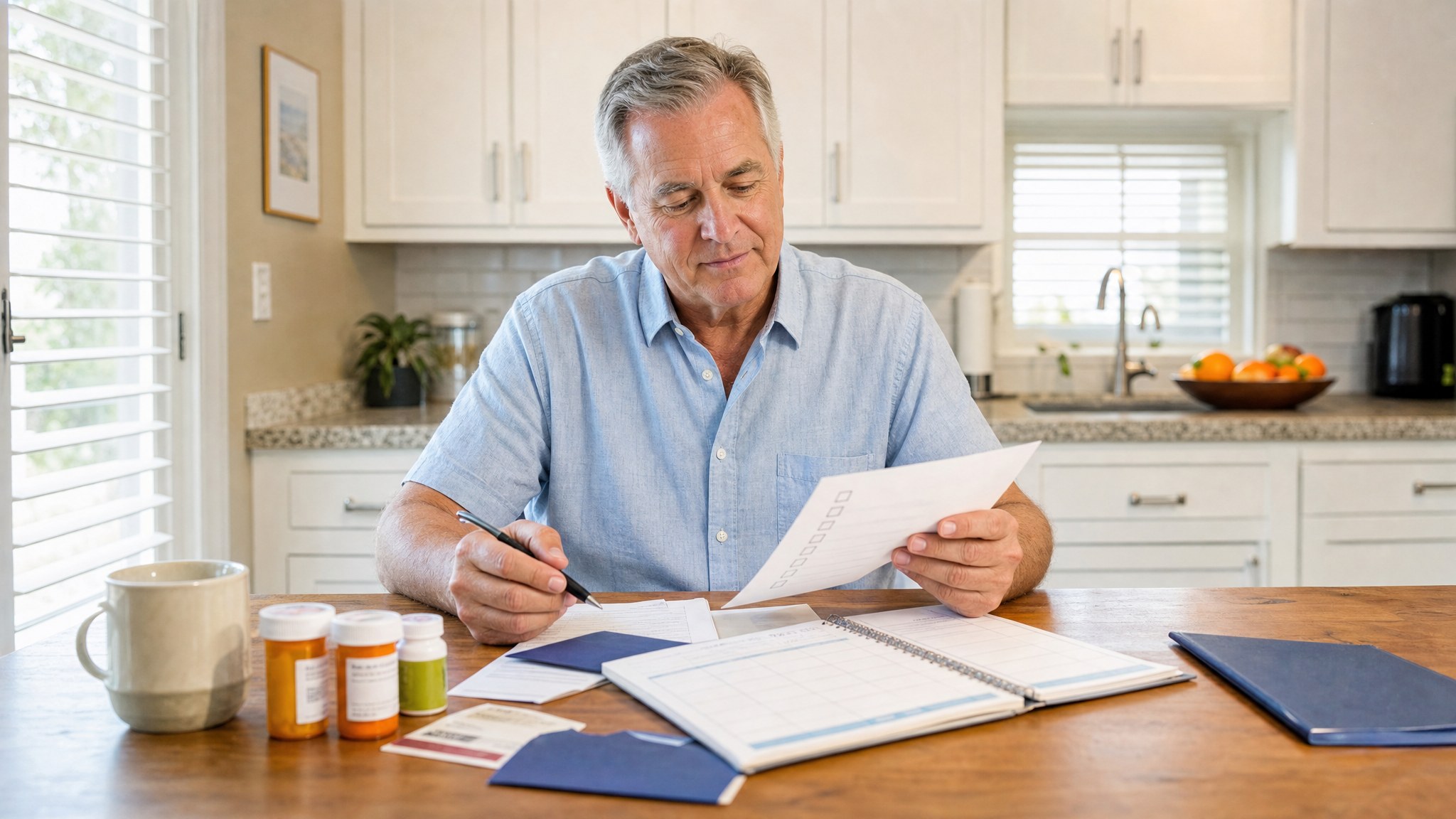 Older adult organizing a calendar, prescriptions, and a checklist before Medicare enrollment