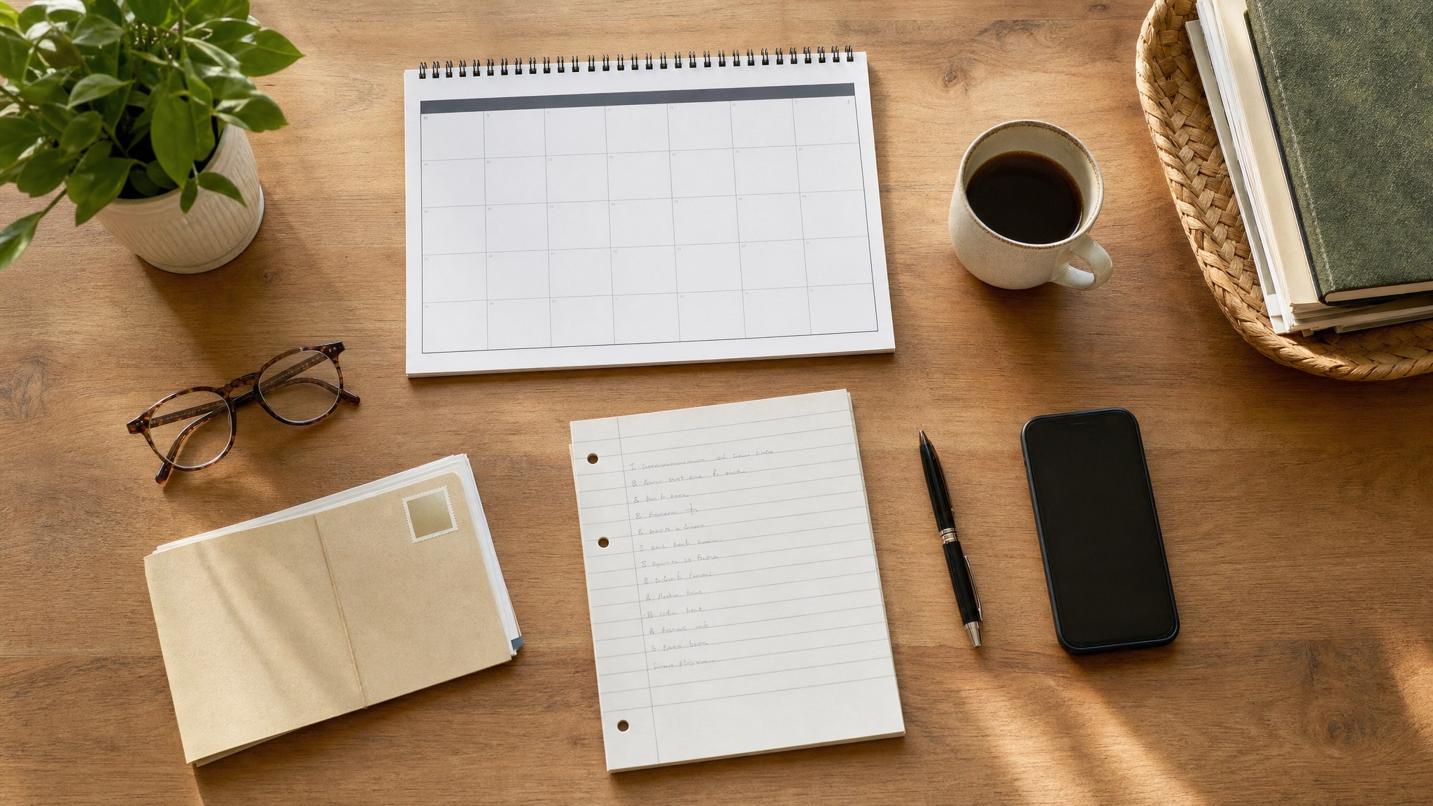 Calendar, glasses, phone, and enrollment planning materials arranged on a wooden table