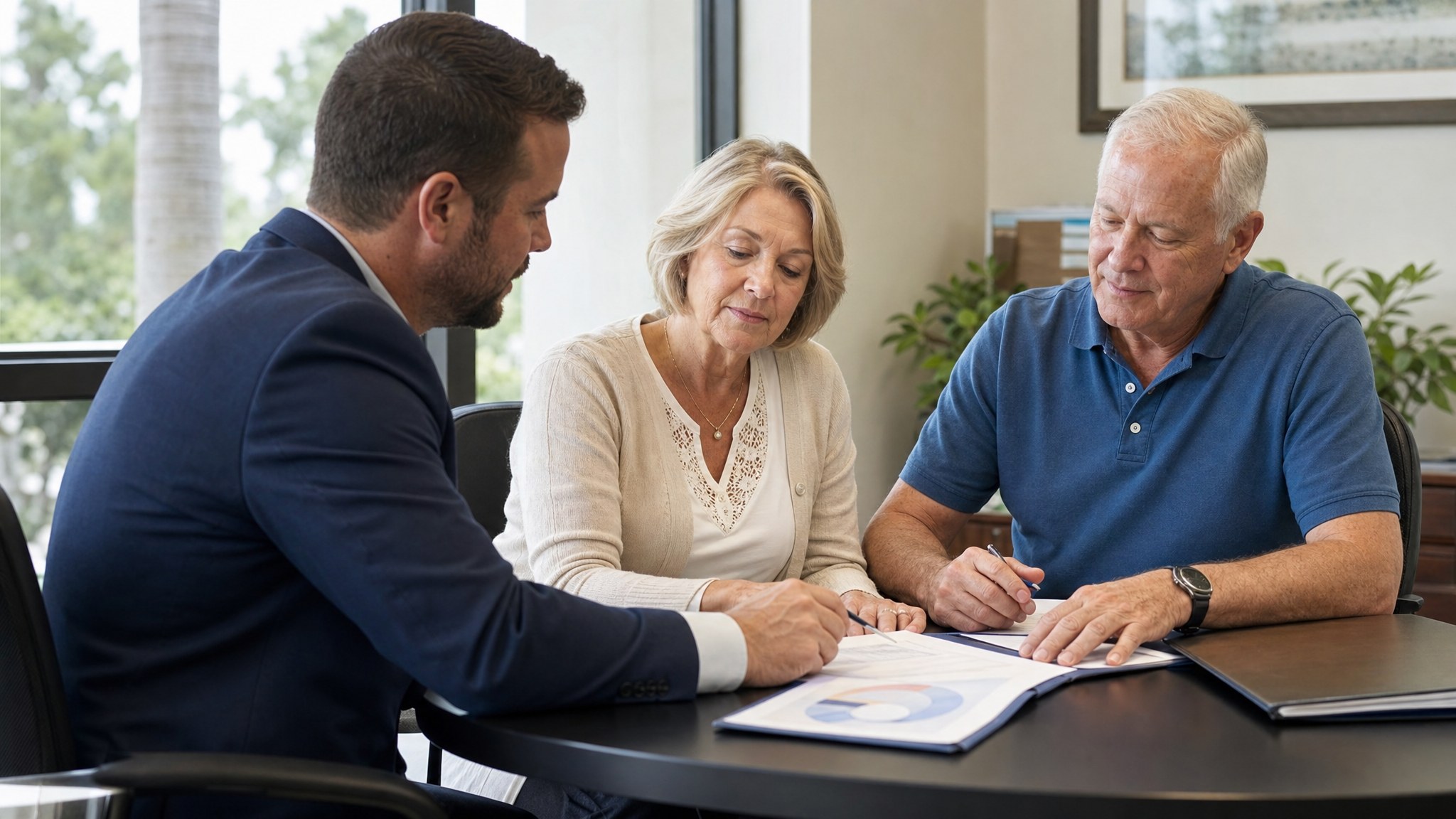 Advisor reviewing coverage documents with an older couple in a bright office