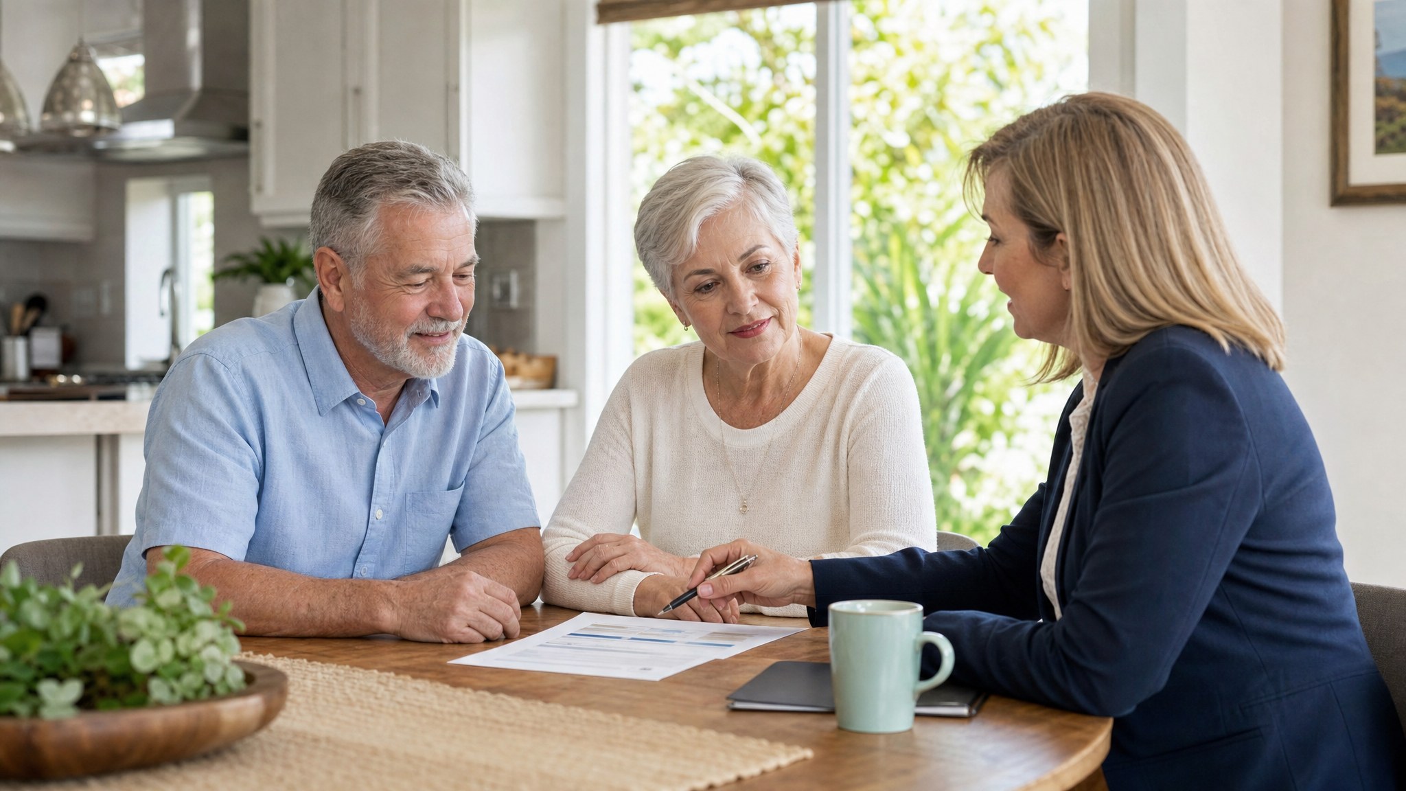 A Florida couple discussing Medicare plan options with an insurance advisor at their kitchen table
