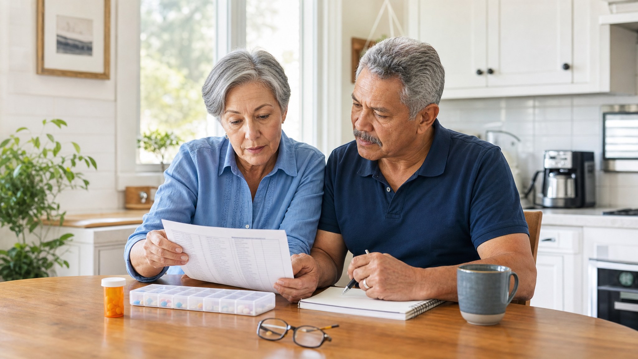 A Florida couple reviewing a medication list and prescription plan details together